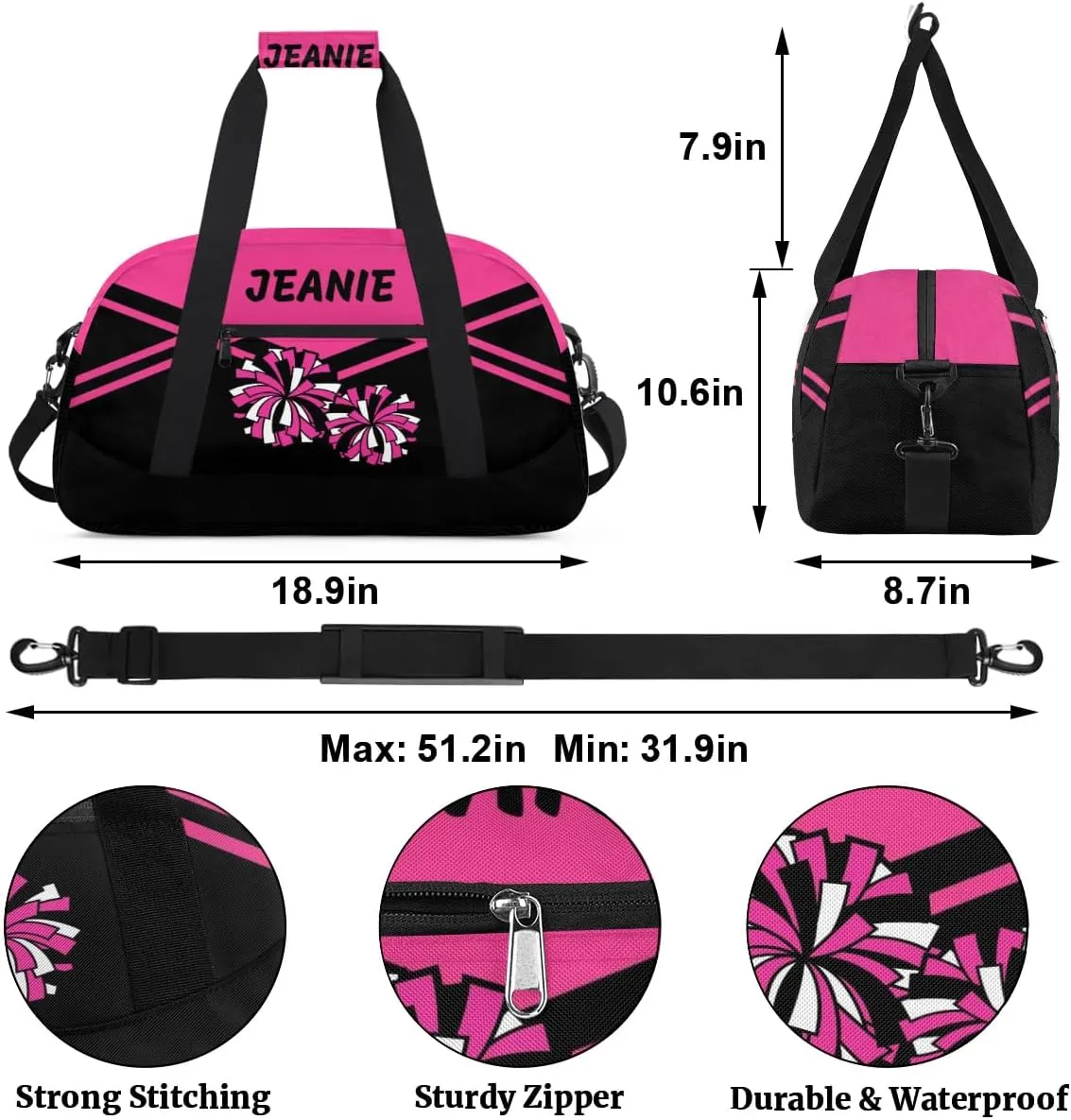 Personalize Cheer Bags for Girls Kids Cheerleaders with Custom Name Dancing Sport Gym Perform Training Duffel Bags for Overnight Weekender Travel Pink Black 1