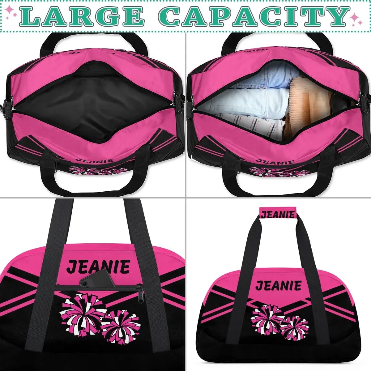 Personalize Cheer Bags for Girls Kids Cheerleaders with Custom Name Dancing Sport Gym Perform Training Duffel Bags for Overnight Weekender Travel Pink Black 1