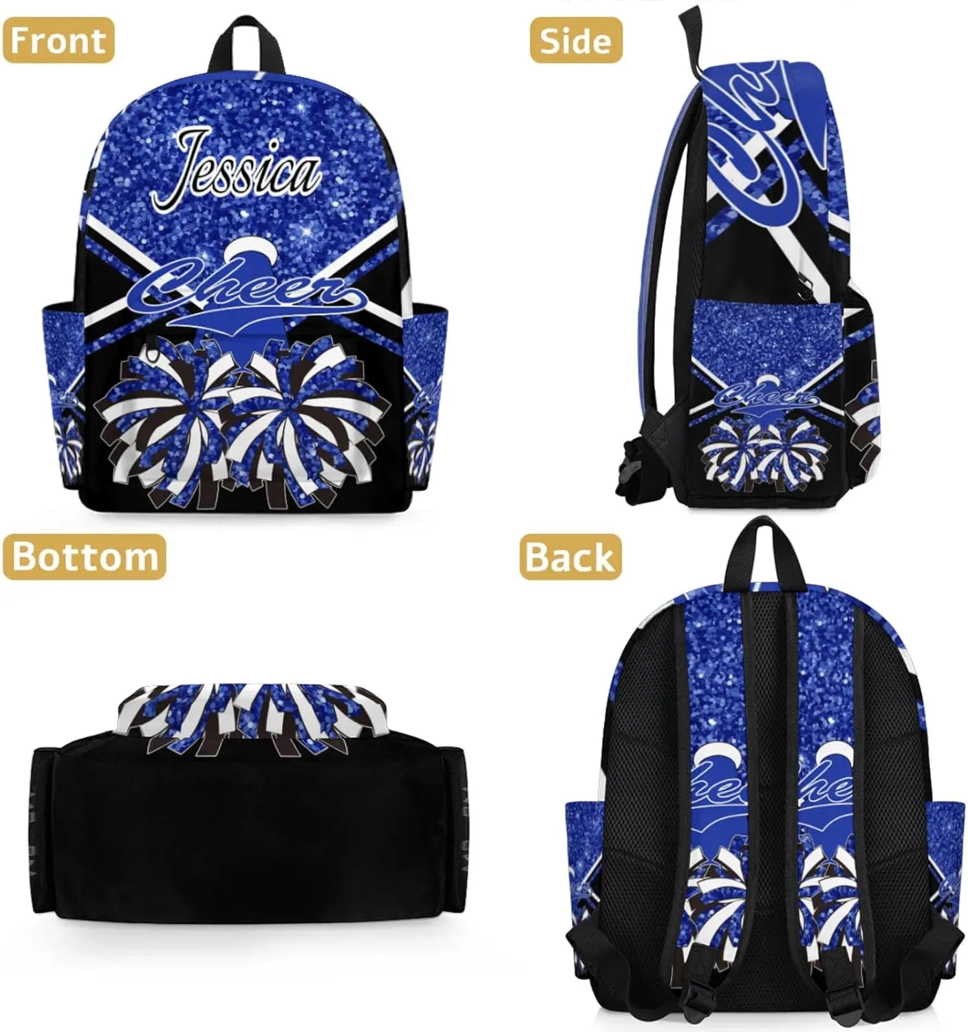 Personalized Cheer Bag Name Backpack Bags for Women Men, Custom Large Capacity Waterproof Cheerleading Shoulder Bags, Casual Daypack, Cobalt Blue Glitter Cheerleader