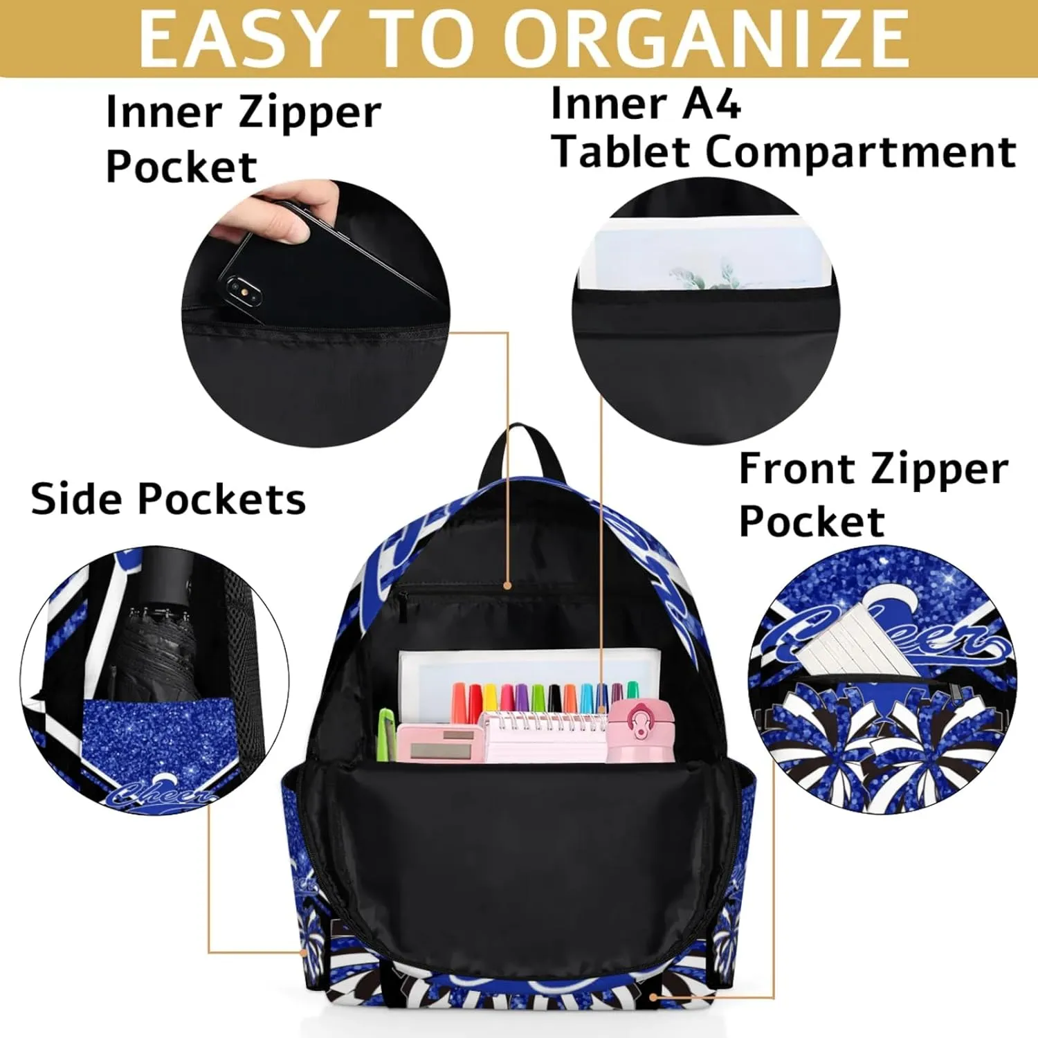 Personalized Cheer Bag Name Backpack Bags for Women Men, Custom Large Capacity Waterproof Cheerleading Shoulder Bags, Casual Daypack, Cobalt Blue Glitter Cheerleader