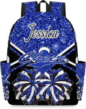 Personalized Cheer Bag Name Backpack Bags for Women Men, Custom Large Capacity Waterproof Cheerleading Shoulder Bags, Casual Daypack, Cobalt Blue Glitter Cheerleader