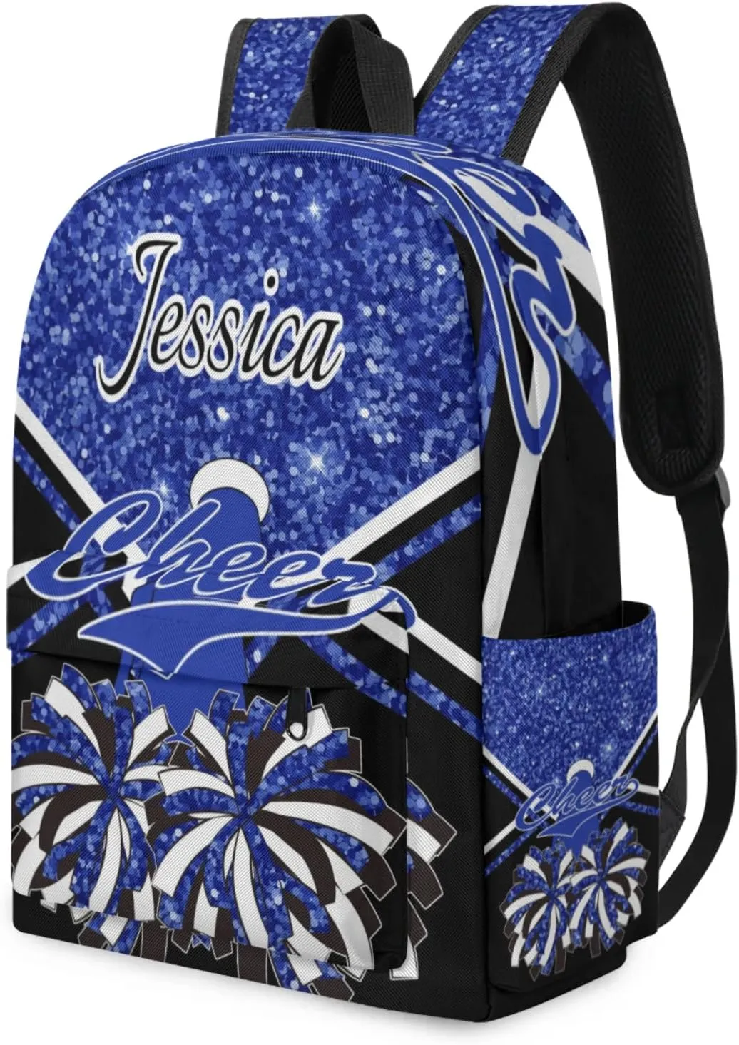 Personalized Cheer Bag Name Backpack Bags for Women Men, Custom Large Capacity Waterproof Cheerleading Shoulder Bags, Casual Daypack, Cobalt Blue Glitter Cheerleader