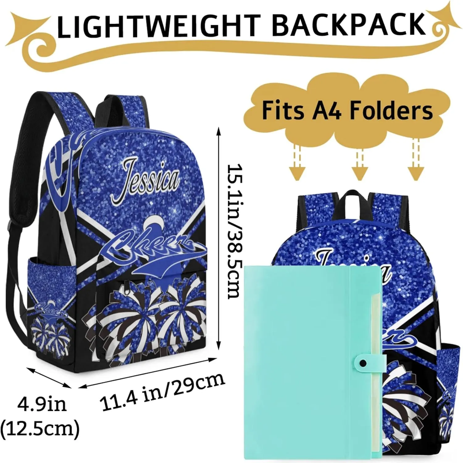 Personalized Cheer Bag Name Backpack Bags for Women Men, Custom Large Capacity Waterproof Cheerleading Shoulder Bags, Casual Daypack, Cobalt Blue Glitter Cheerleader
