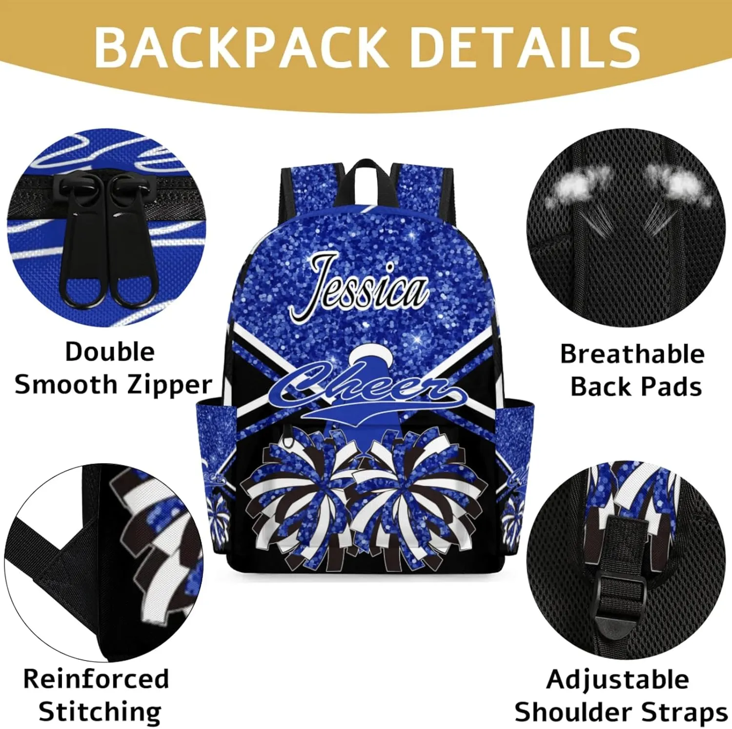 Personalized Cheer Bag Name Backpack Bags for Women Men, Custom Large Capacity Waterproof Cheerleading Shoulder Bags, Casual Daypack, Cobalt Blue Glitter Cheerleader