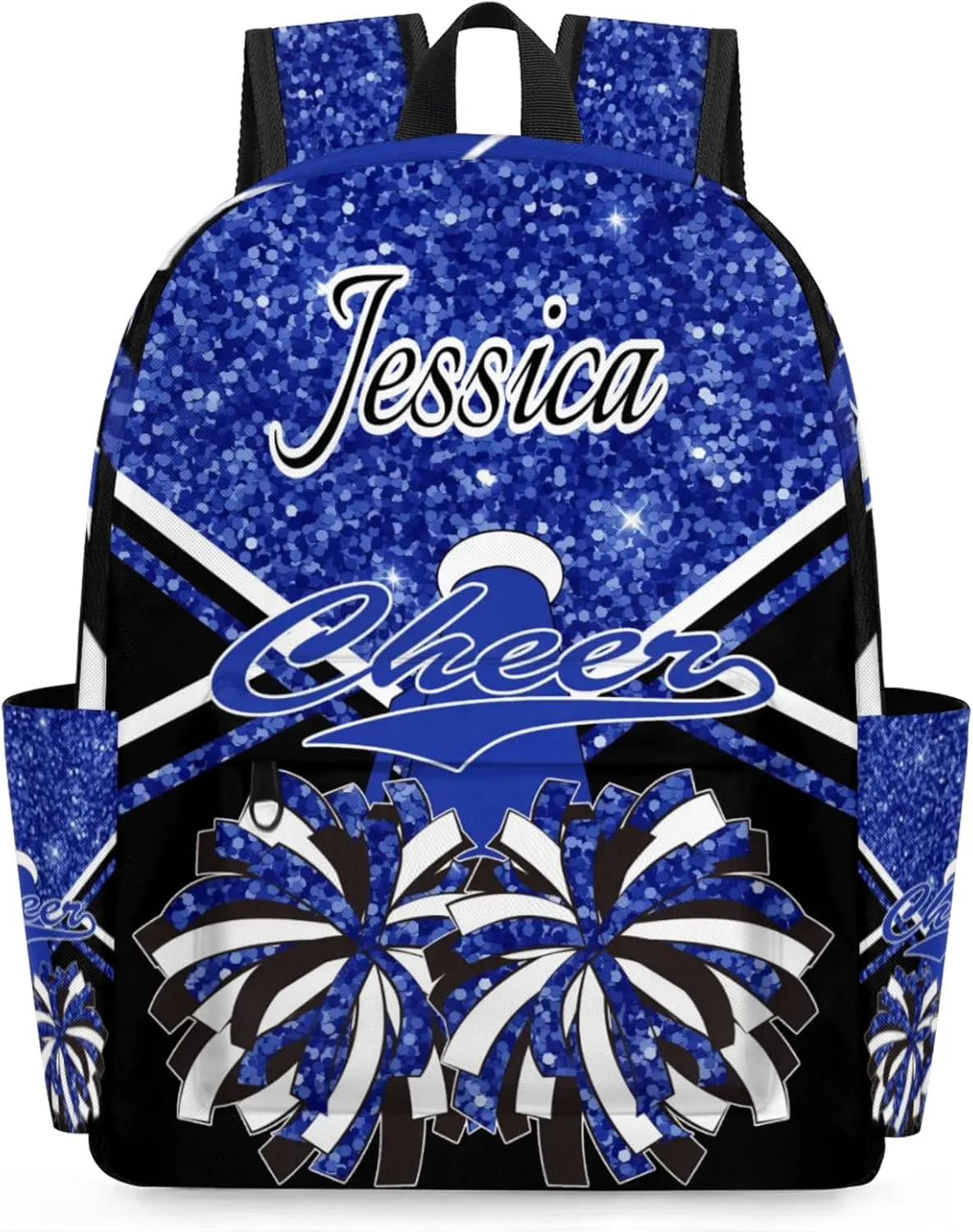 Personalized Cheer Bag Name Backpack Bags for Women Men, Custom Large Capacity Waterproof Cheerleading Shoulder Bags, Casual Daypack, Cobalt Blue Glitter Cheerleader