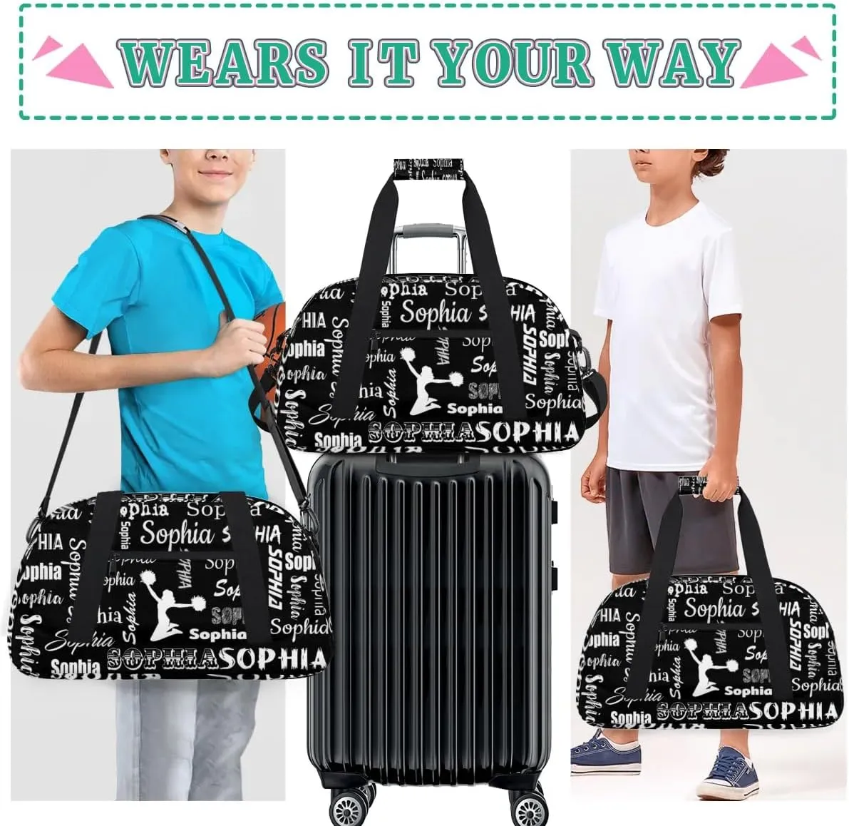 Personalized Cheer Bag Name Custom Sport Duffel Bag Dance Bag, Overnight Weekender Bags Cheerleader Personalized Gymnastics Bag Cheerleading Gifts, Black