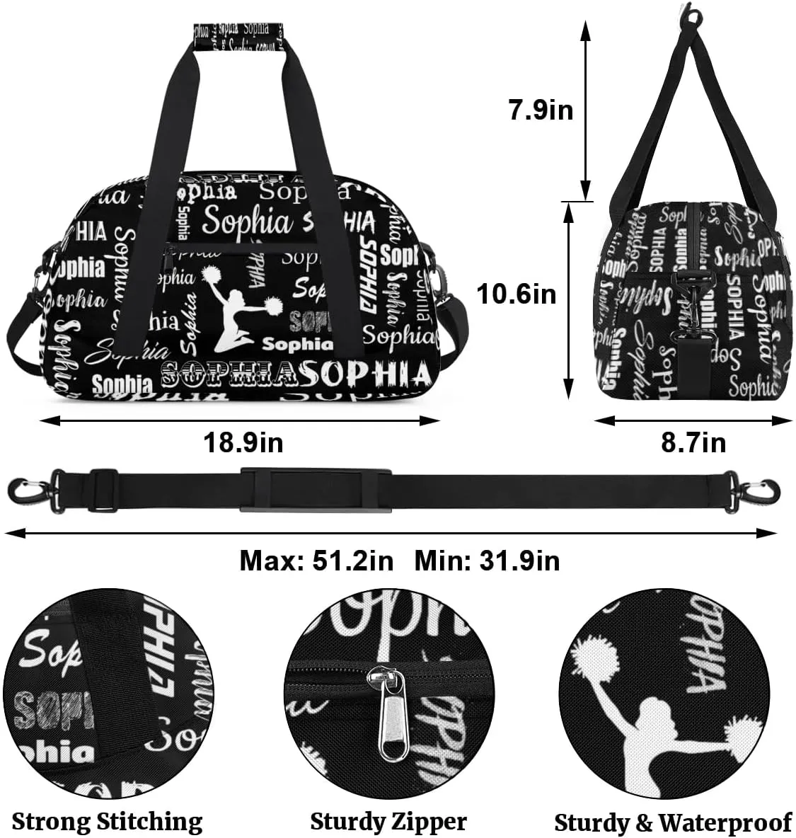 Personalized Cheer Bag Name Custom Sport Duffel Bag Dance Bag, Overnight Weekender Bags Cheerleader Personalized Gymnastics Bag Cheerleading Gifts, Black