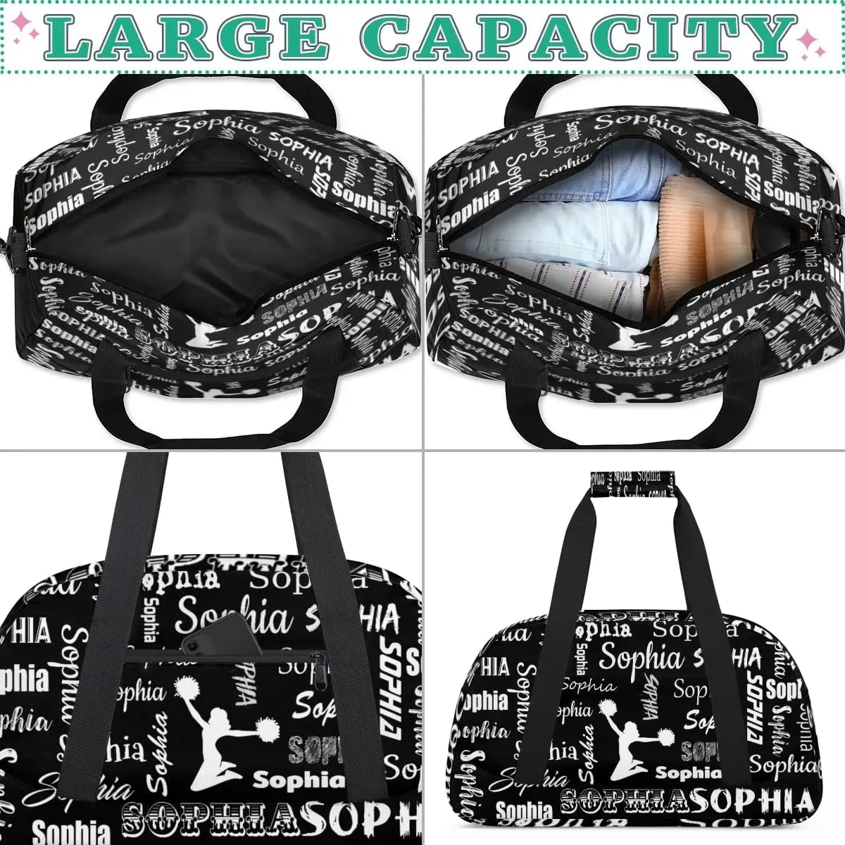 Personalized Cheer Bag Name Custom Sport Duffel Bag Dance Bag, Overnight Weekender Bags Cheerleader Personalized Gymnastics Bag Cheerleading Gifts, Black