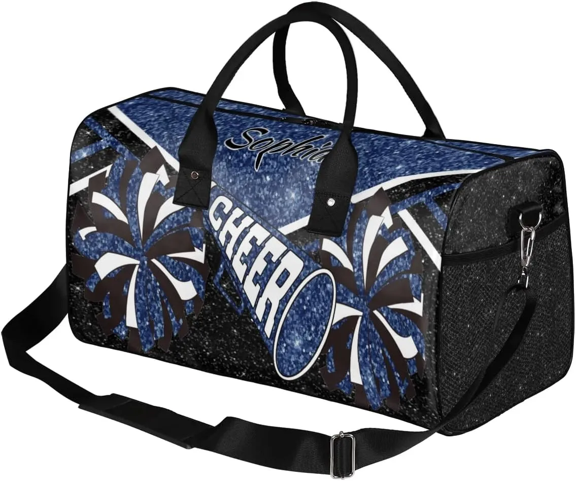 Personalized Cheer Duffel Bag for Cheerleaders, Custom Name Sports Bag for Women Men, Custom Cheerleading Travel Duffle Bags, Weekender Bag Gym Bag, Dark Blue Glitter