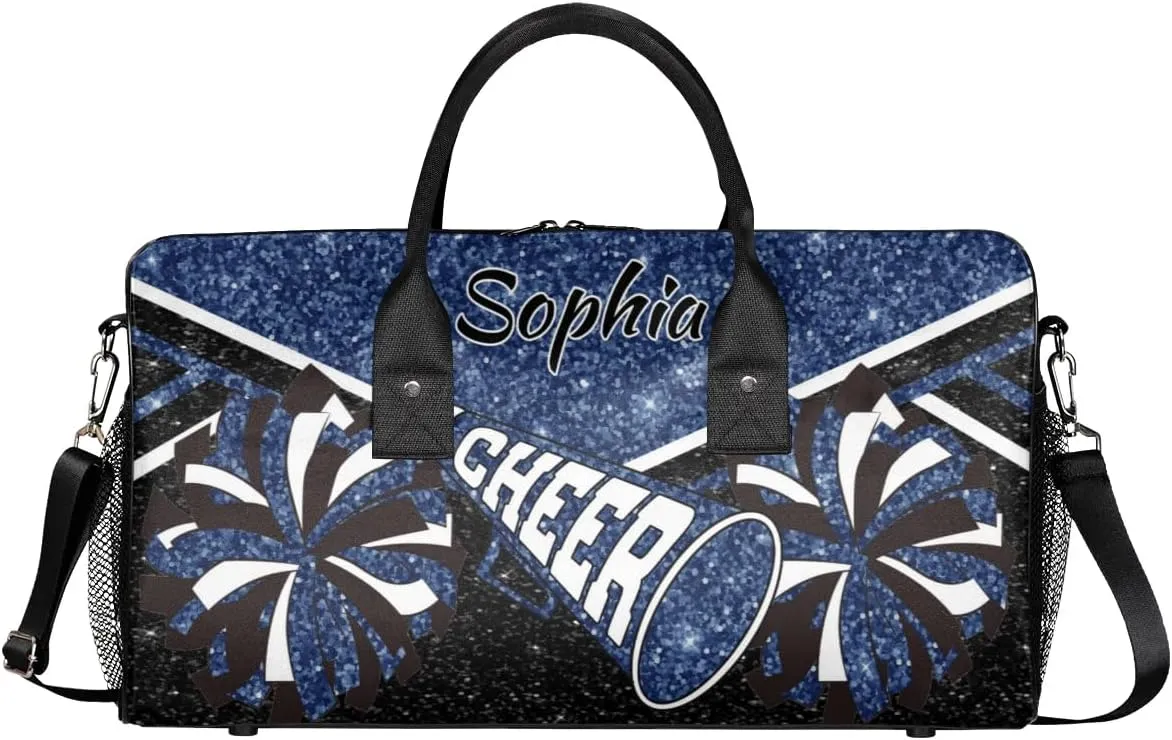 Personalized Cheer Duffel Bag for Cheerleaders, Custom Name Sports Bag for Women Men, Custom Cheerleading Travel Duffle Bags, Weekender Bag Gym Bag, Dark Blue Glitter