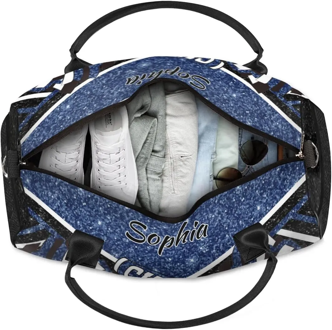 Personalized Cheer Duffel Bag for Cheerleaders, Custom Name Sports Bag for Women Men, Custom Cheerleading Travel Duffle Bags, Weekender Bag Gym Bag, Dark Blue Glitter