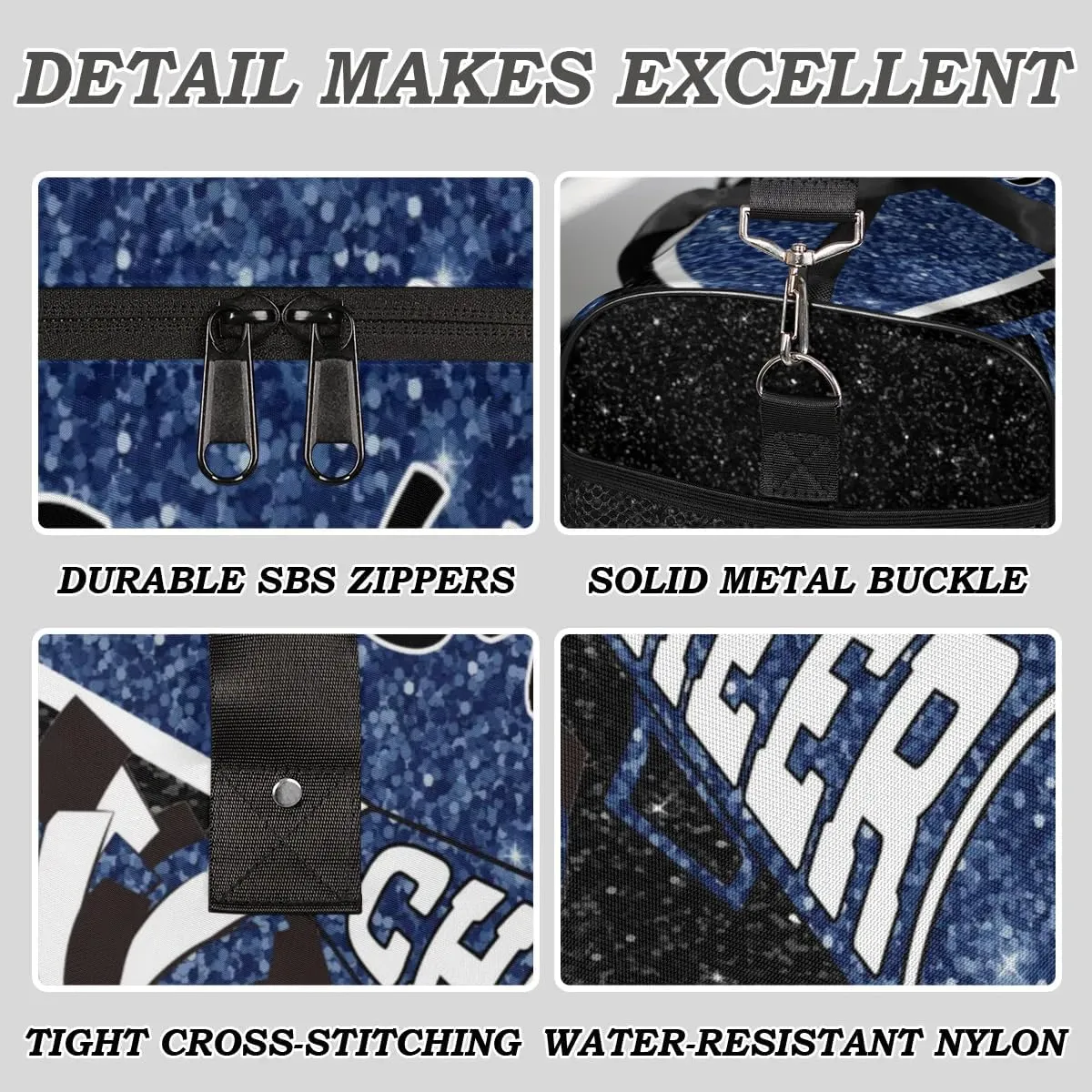 Personalized Cheer Duffel Bag for Cheerleaders, Custom Name Sports Bag for Women Men, Custom Cheerleading Travel Duffle Bags, Weekender Bag Gym Bag, Dark Blue Glitter