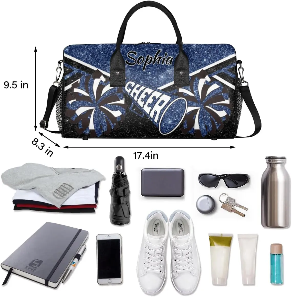 Personalized Cheer Duffel Bag for Cheerleaders, Custom Name Sports Bag for Women Men, Custom Cheerleading Travel Duffle Bags, Weekender Bag Gym Bag, Dark Blue Glitter