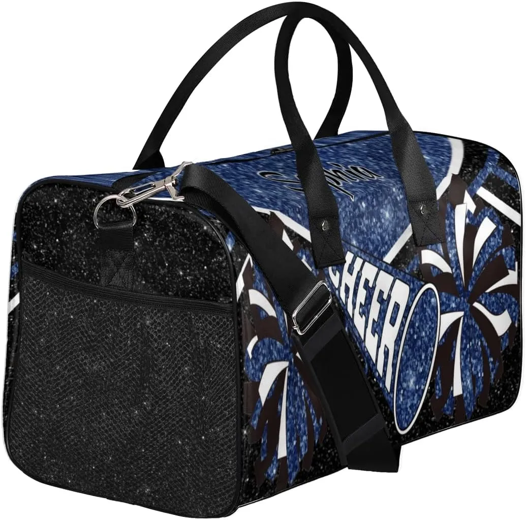 Personalized Cheer Duffel Bag for Cheerleaders, Custom Name Sports Bag for Women Men, Custom Cheerleading Travel Duffle Bags, Weekender Bag Gym Bag, Dark Blue Glitter