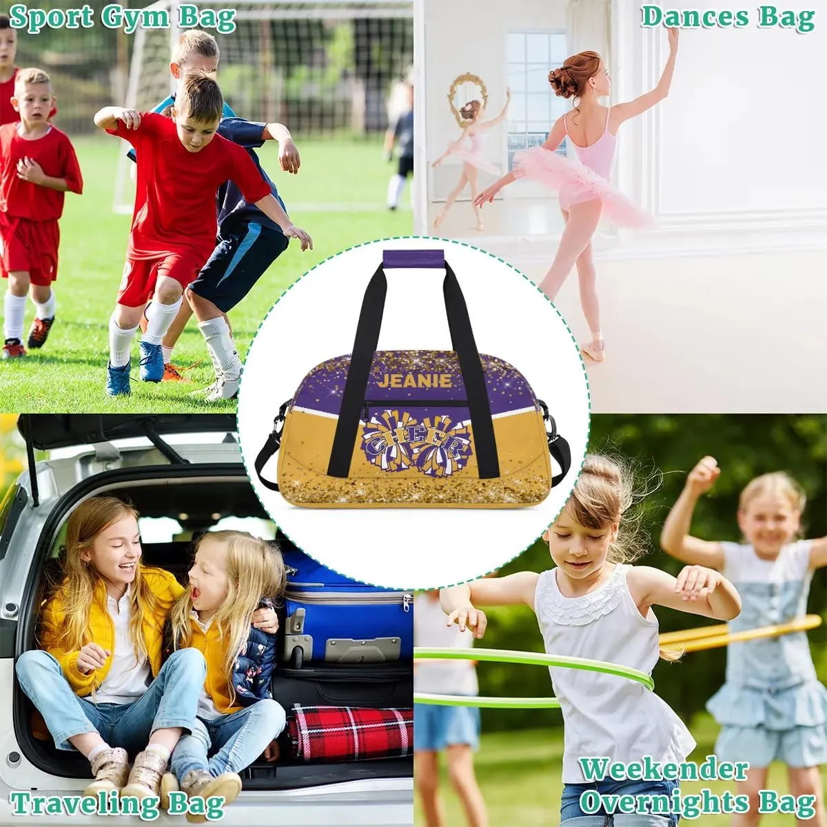Personalized Cheer Gym Bags for Girls Kids Cheerleaders with Custom Name Sport Dance Perform Training Duffel Bags for Overnight Weekender Travel Purple Yellow