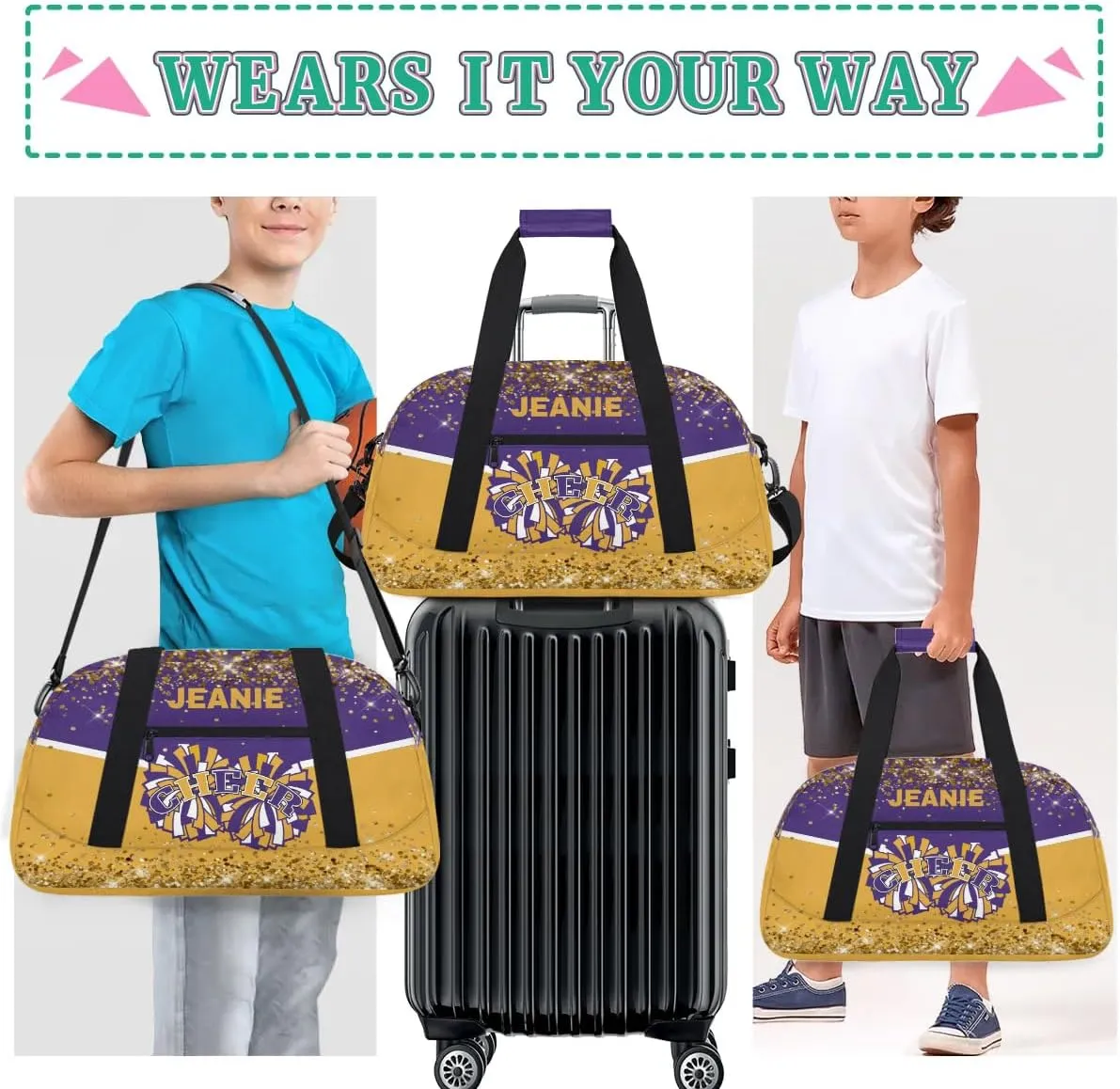 Personalized Cheer Gym Bags for Girls Kids Cheerleaders with Custom Name Sport Dance Perform Training Duffel Bags for Overnight Weekender Travel Purple Yellow