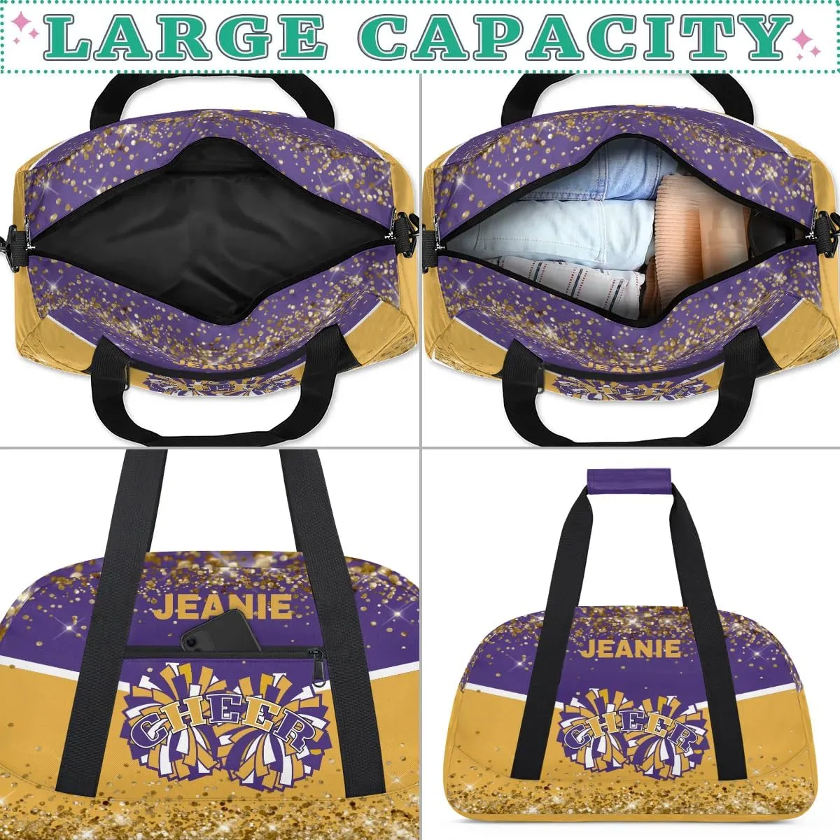 Personalized Cheer Gym Bags for Girls Kids Cheerleaders with Custom Name Sport Dance Perform Training Duffel Bags for Overnight Weekender Travel Purple Yellow