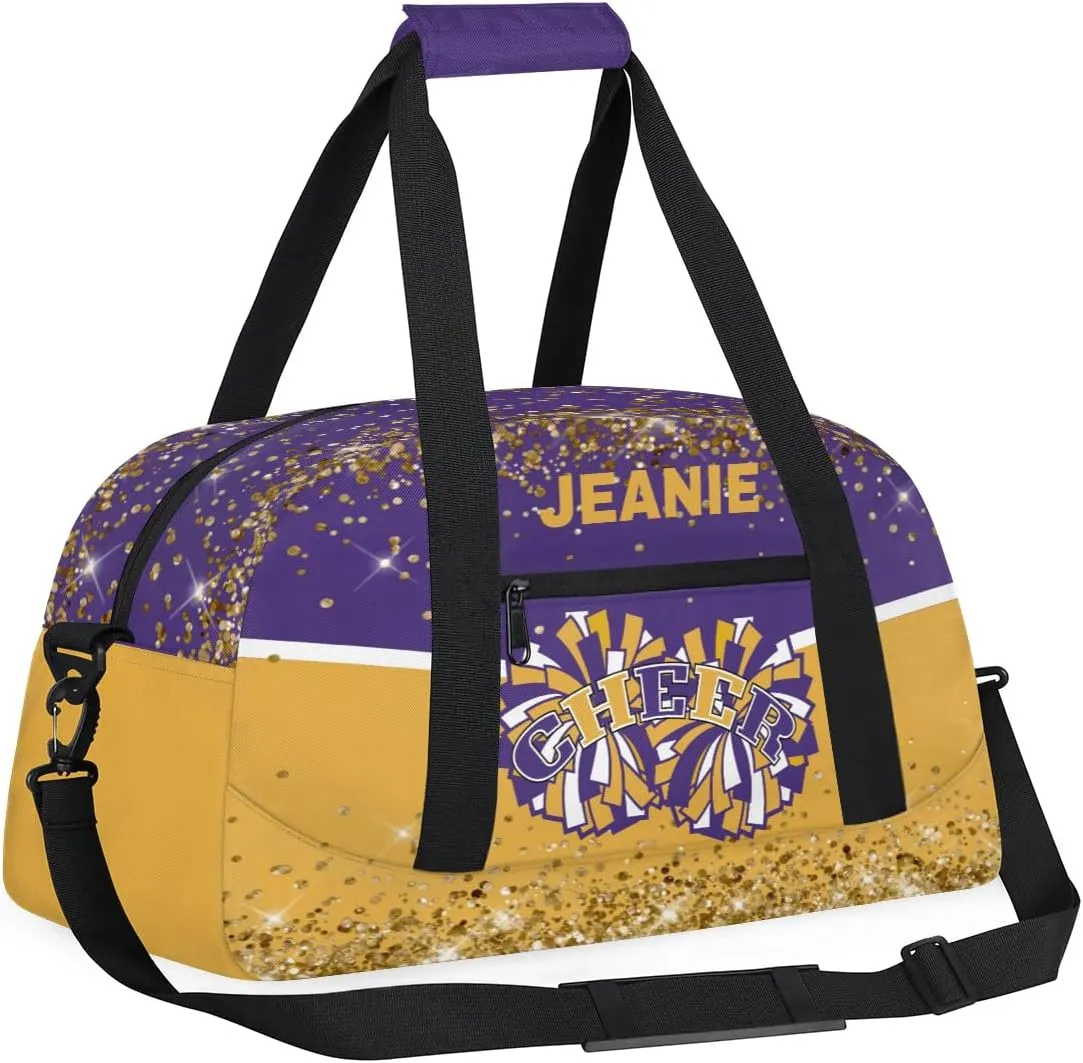 Personalized Cheer Gym Bags for Girls Kids Cheerleaders with Custom Name Sport Dance Perform Training Duffel Bags for Overnight Weekender Travel Purple Yellow