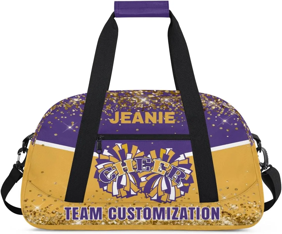 Personalized Cheer Gym Bags for Girls Kids Cheerleaders with Custom Name Sport Dance Perform Training Duffel Bags for Overnight Weekender Travel Purple Yellow
