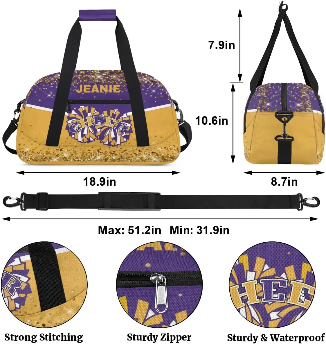 Personalized Cheer Gym Bags for Girls Kids Cheerleaders with Custom Name Sport Dance Perform Training Duffel Bags for Overnight Weekender Travel Purple Yellow