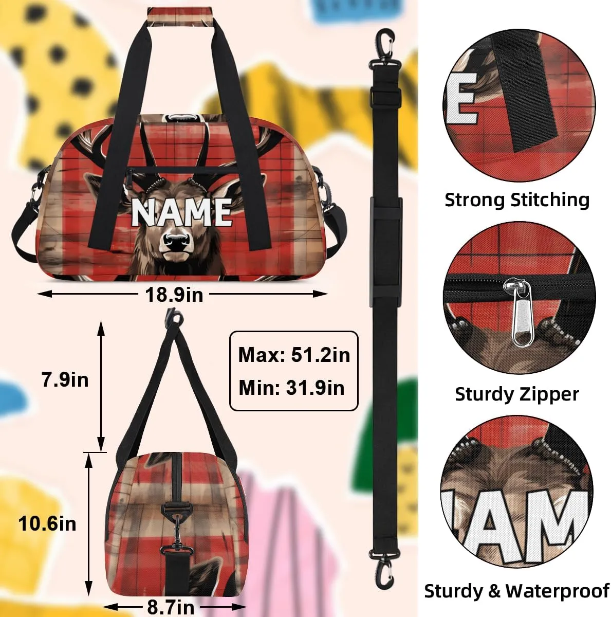 Personalized Custom Gym Bag for Women Men Carry on Animal Elk Travel Duffel Tote Nature Retro Overnight Workout Weekender Bag