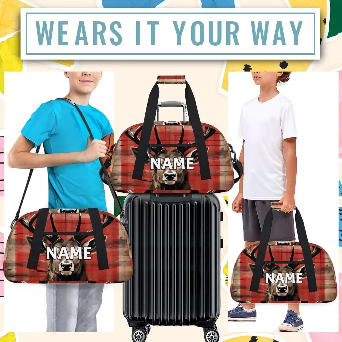 Personalized Custom Gym Bag for Women Men Carry on Animal Elk Travel Duffel Tote Nature Retro Overnight Workout Weekender Bag