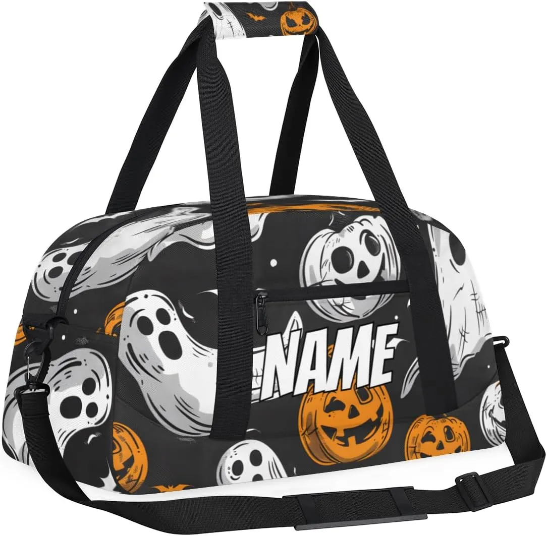 Personalized Custom Gym Bag for Women Men Carry on Cartoon Halloween Travel Duffel Tote Pumpkin Ghost Overnight Workout Weekender Bag