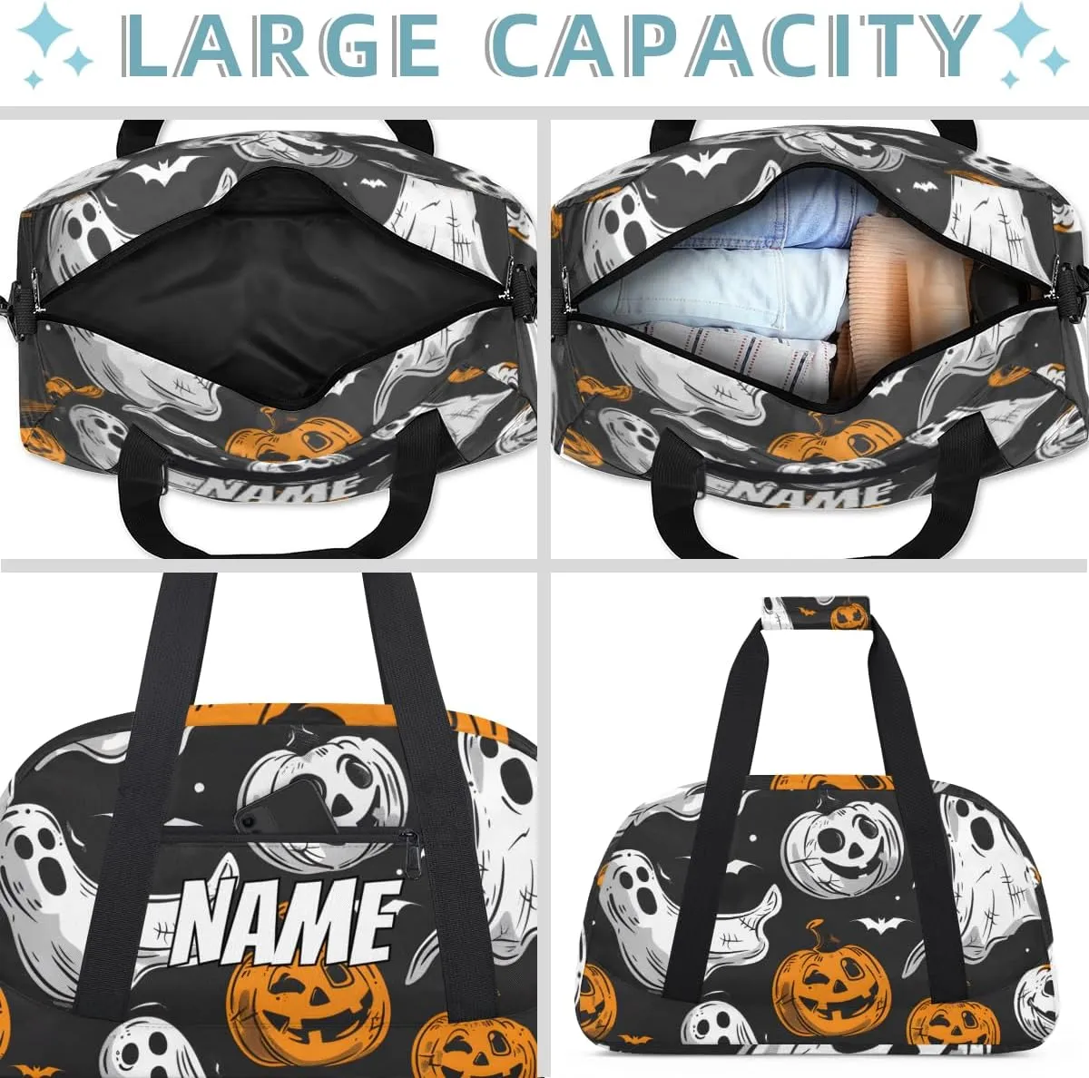 Personalized Custom Gym Bag for Women Men Carry on Cartoon Halloween Travel Duffel Tote Pumpkin Ghost Overnight Workout Weekender Bag