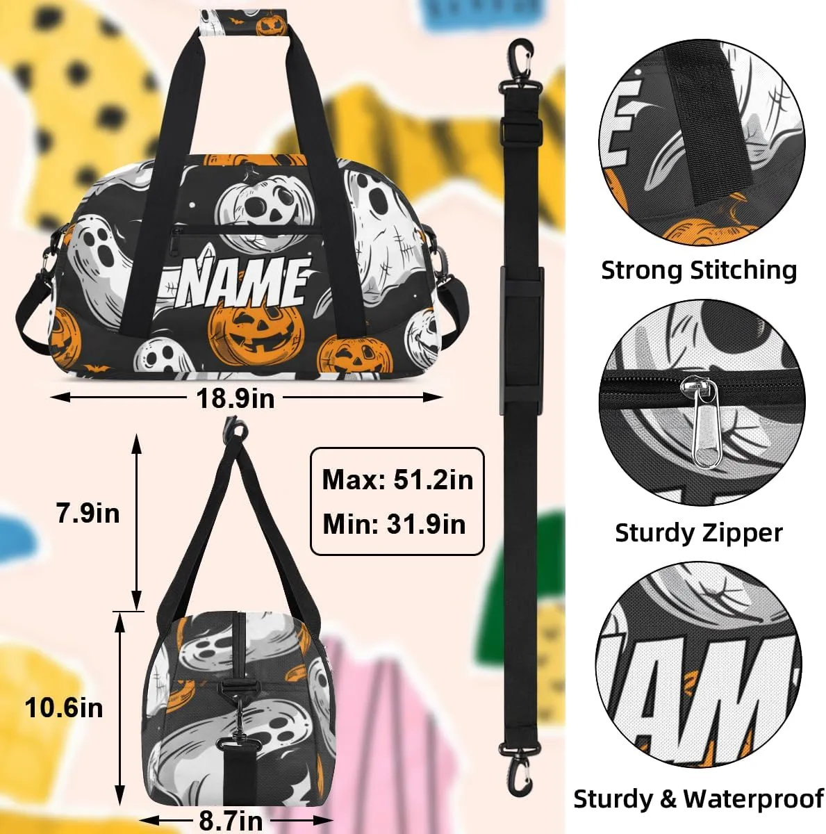 Personalized Custom Gym Bag for Women Men Carry on Cartoon Halloween Travel Duffel Tote Pumpkin Ghost Overnight Workout Weekender Bag