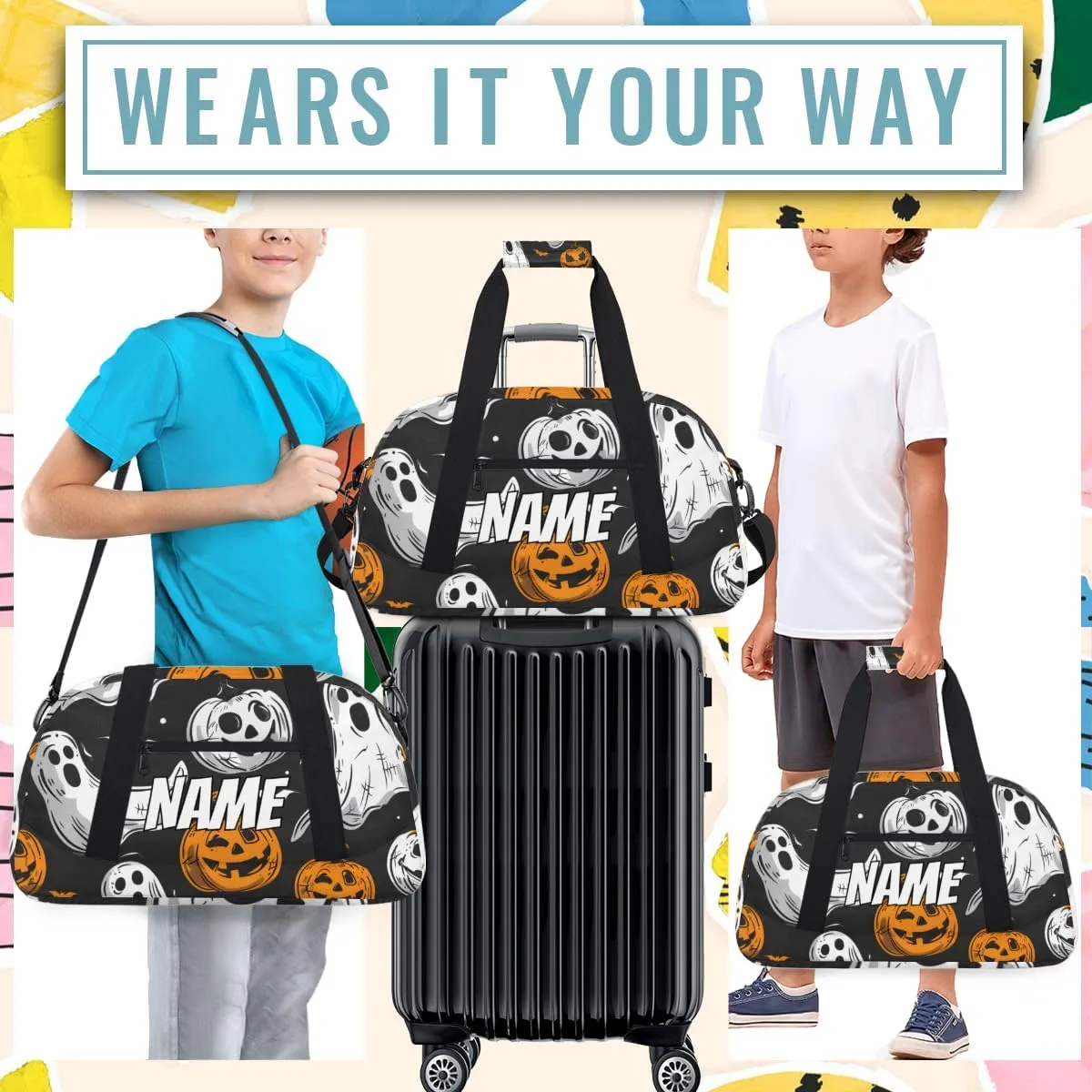 Personalized Custom Gym Bag for Women Men Carry on Cartoon Halloween Travel Duffel Tote Pumpkin Ghost Overnight Workout Weekender Bag
