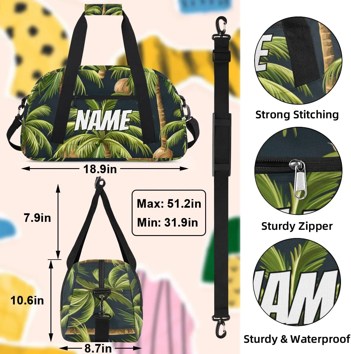 Personalized Custom Gym Bag for Women Men Carry on Coconut Trees Travel Duffel Tote Tropical Plant Overnight Workout Weekender Bag