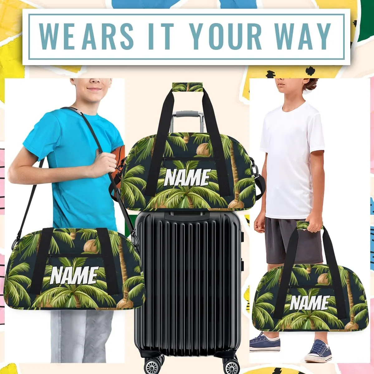 Personalized Custom Gym Bag for Women Men Carry on Coconut Trees Travel Duffel Tote Tropical Plant Overnight Workout Weekender Bag