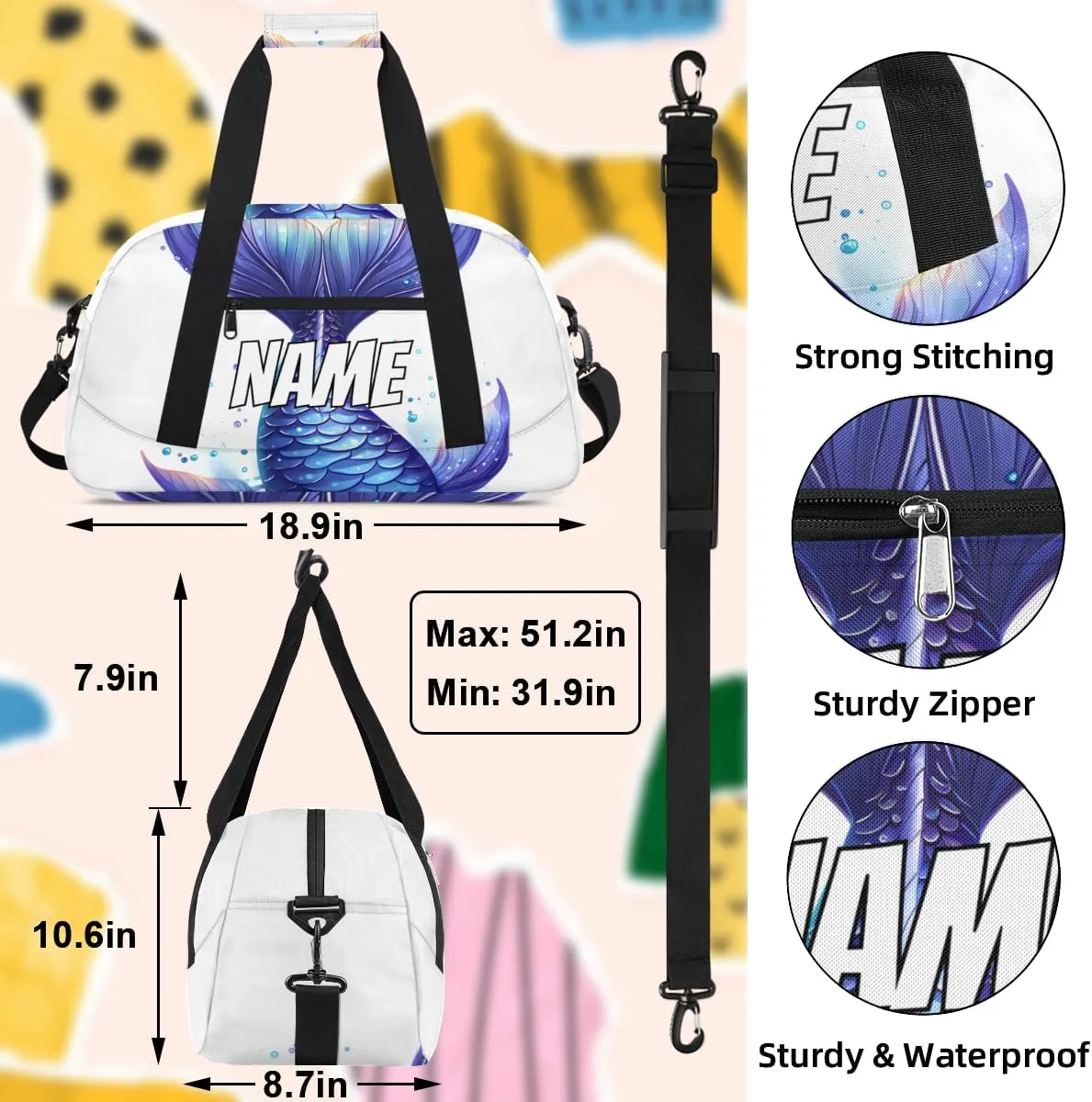 Personalized Custom Gym Bag for Women Men Carry on Fantasy Tail Travel Duffel Tote Watercolor Art Overnight Workout Weekender Bag