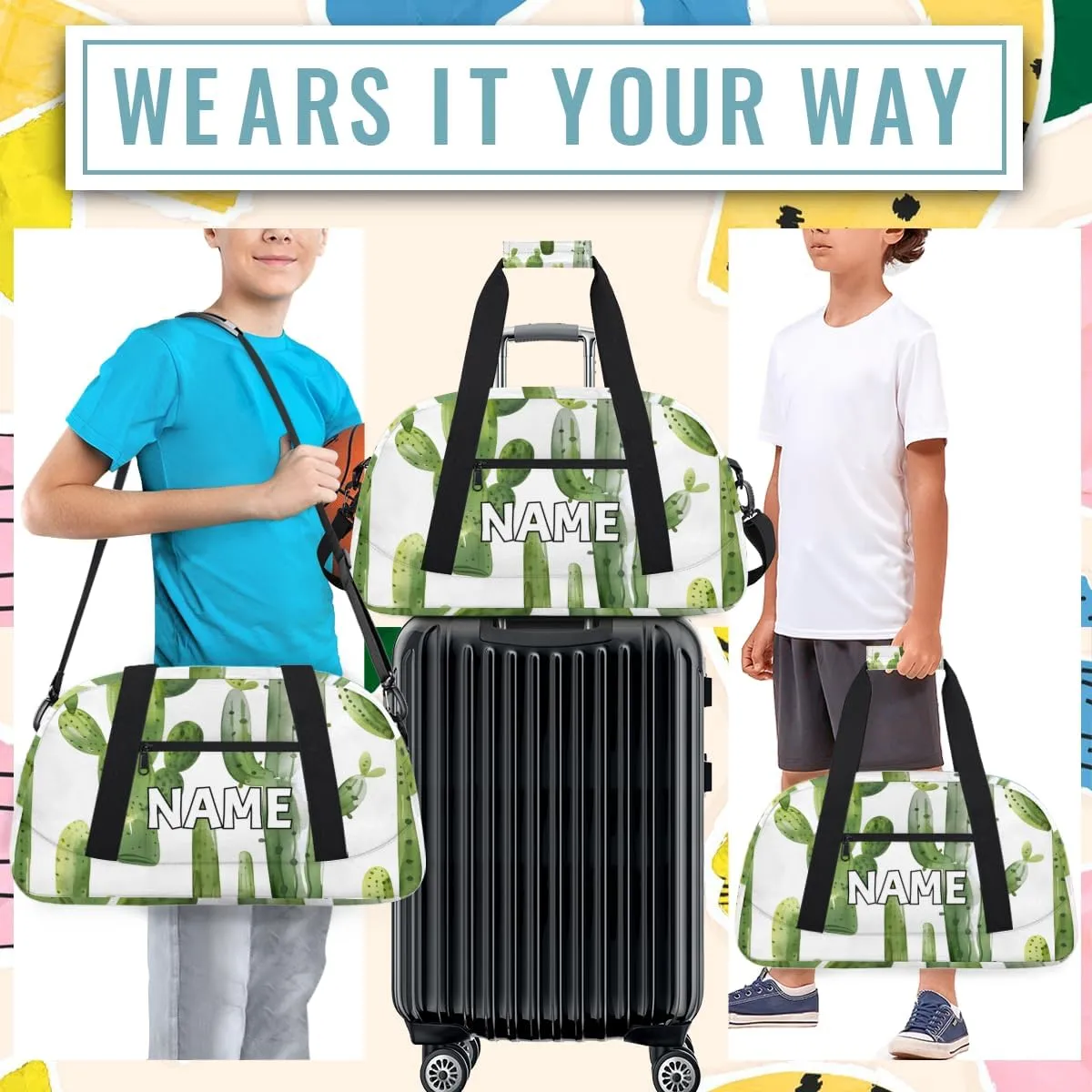 Personalized Custom Gym Bag for Women Men Carry on Green Cactus Travel Duffel Tote Tropical Cactus Overnight Workout Weekender Bag