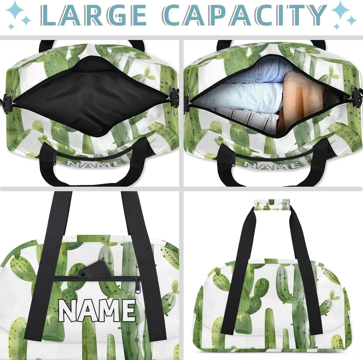 Personalized Custom Gym Bag for Women Men Carry on Green Cactus Travel Duffel Tote Tropical Cactus Overnight Workout Weekender Bag