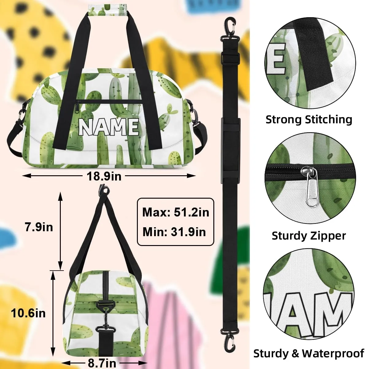 Personalized Custom Gym Bag for Women Men Carry on Green Cactus Travel Duffel Tote Tropical Cactus Overnight Workout Weekender Bag