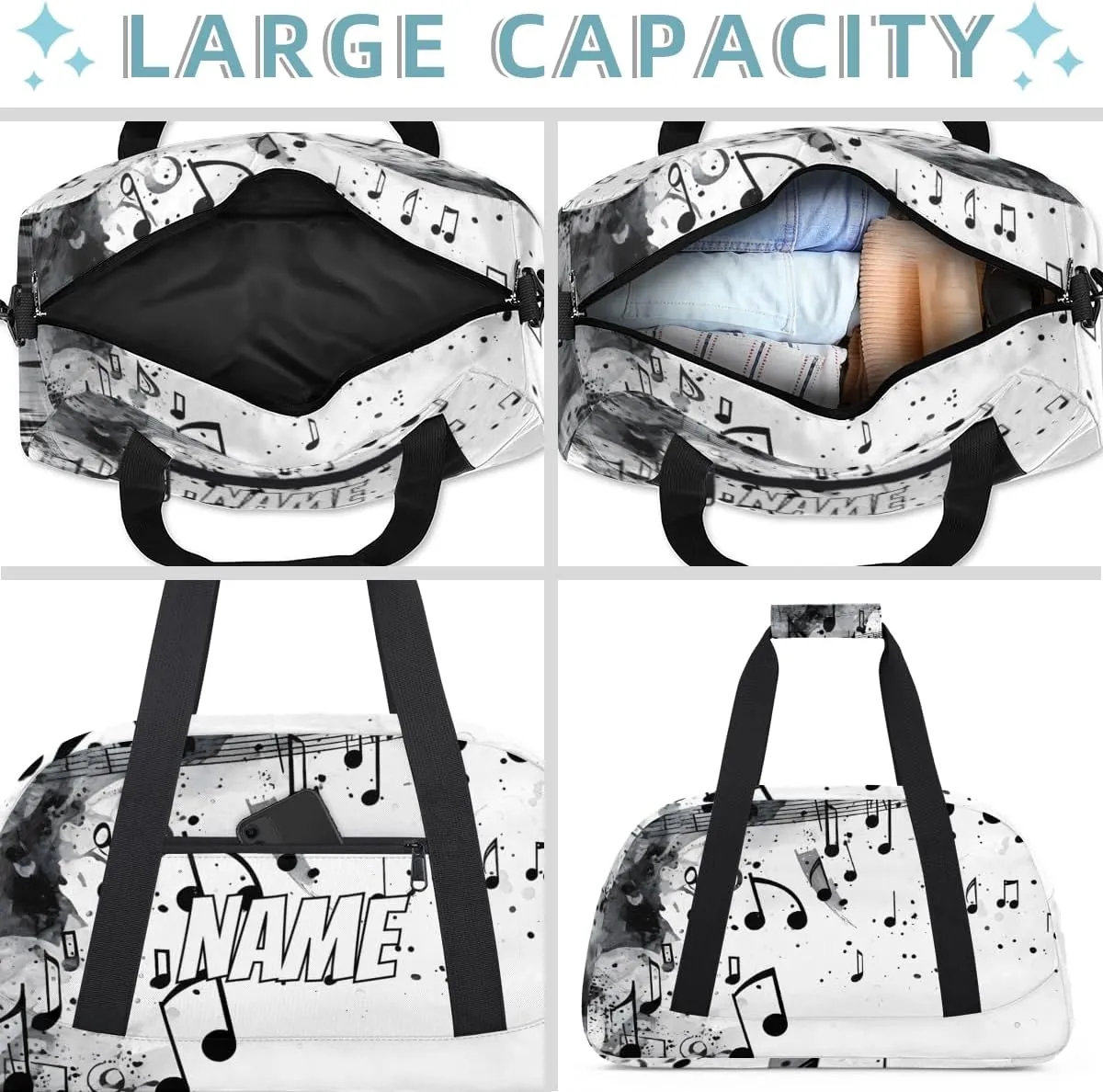 Personalized Custom Gym Bag for Women Men Carry on Musical Notes Travel Duffel Tote Black Grey Overnight Workout Weekender Bag