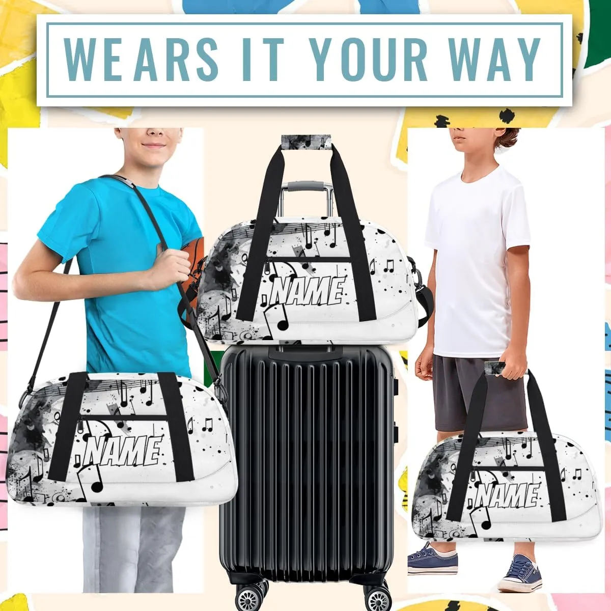 Personalized Custom Gym Bag for Women Men Carry on Musical Notes Travel Duffel Tote Black Grey Overnight Workout Weekender Bag