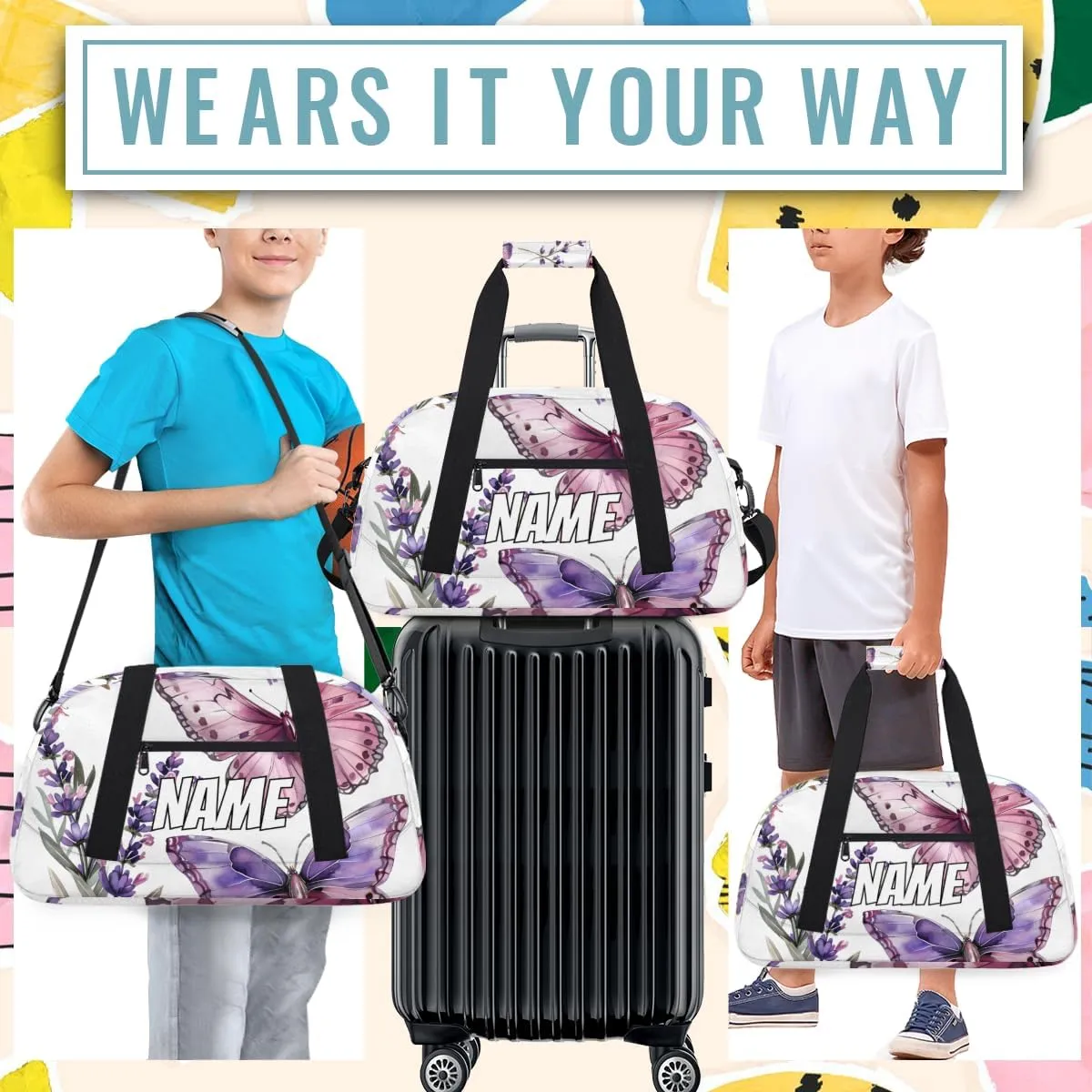Personalized Custom Gym Bag for Women Men Carry on Purple Pink Butterfly Travel Duffel Tote Purple Lavender Overnight Workout Weekender Bag