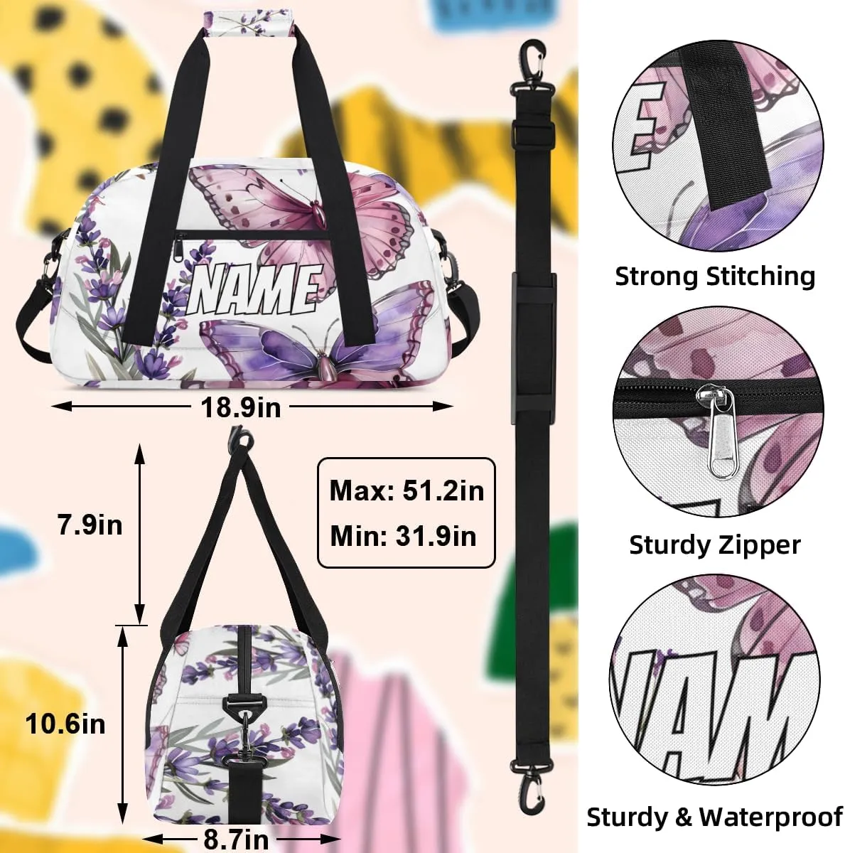 Personalized Custom Gym Bag for Women Men Carry on Purple Pink Butterfly Travel Duffel Tote Purple Lavender Overnight Workout Weekender Bag