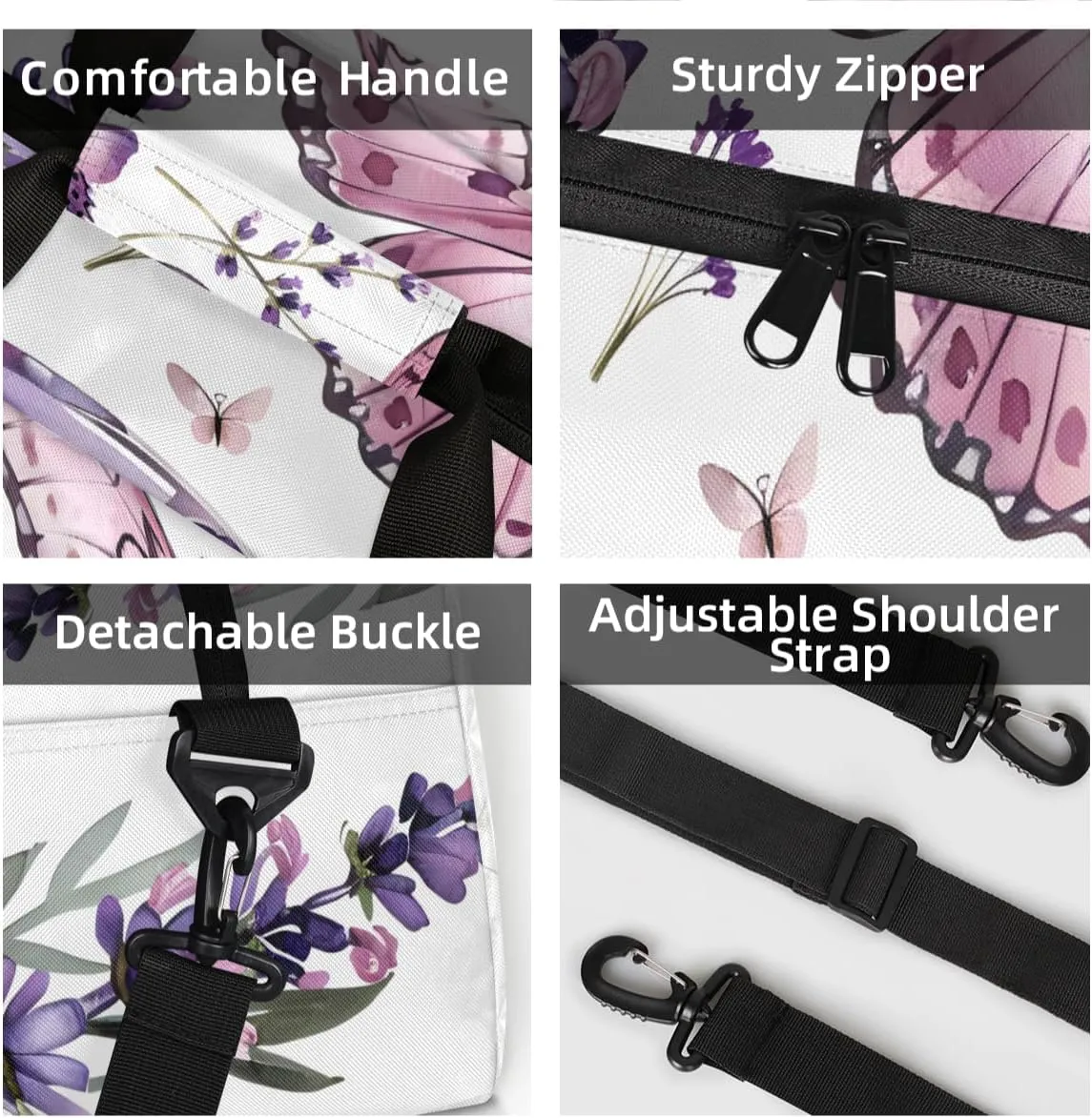 Personalized Custom Gym Bag for Women Men Carry on Purple Pink Butterfly Travel Duffel Tote Purple Lavender Overnight Workout Weekender Bag
