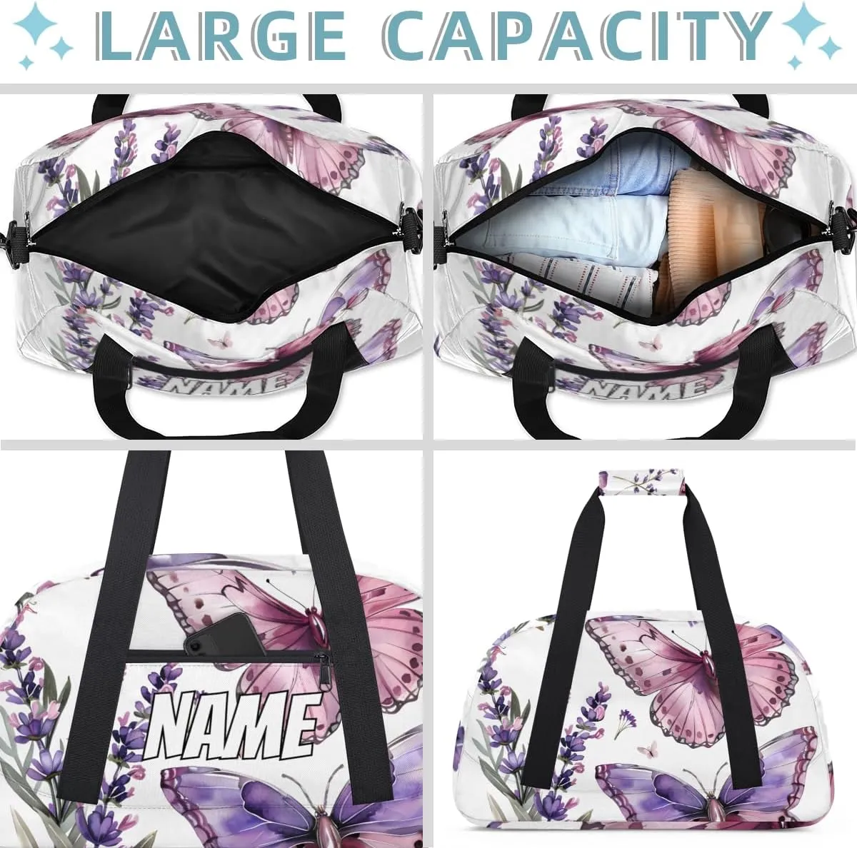 Personalized Custom Gym Bag for Women Men Carry on Purple Pink Butterfly Travel Duffel Tote Purple Lavender Overnight Workout Weekender Bag