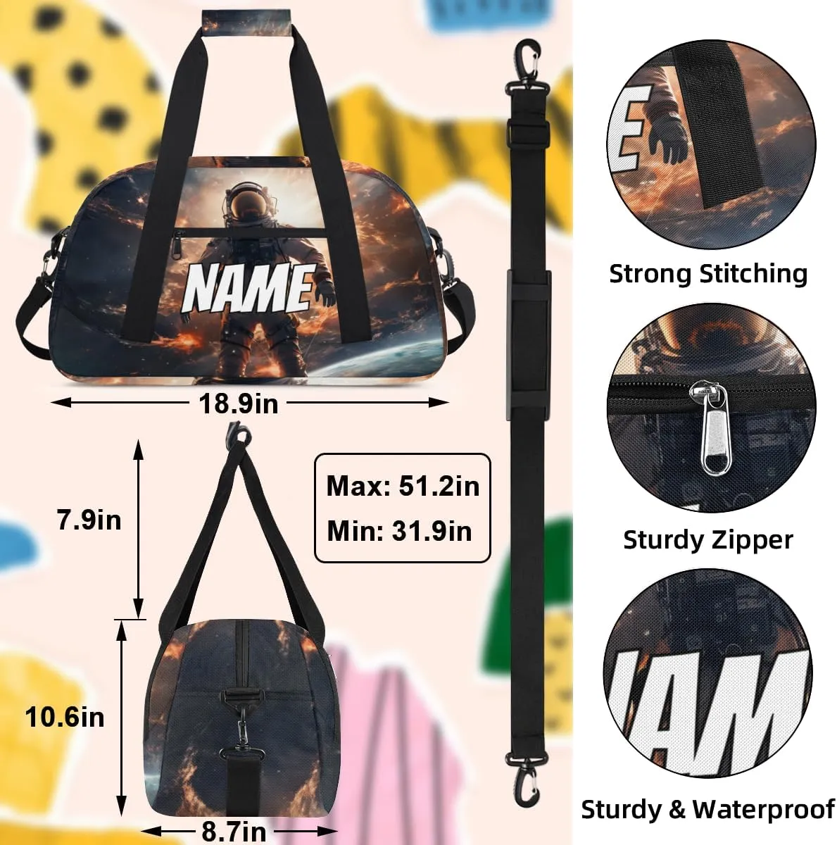 Personalized Custom Gym Bag for Women Men Carry on Space Astronaut Travel Duffel Tote Universe Modern Overnight Workout Weekender Bag