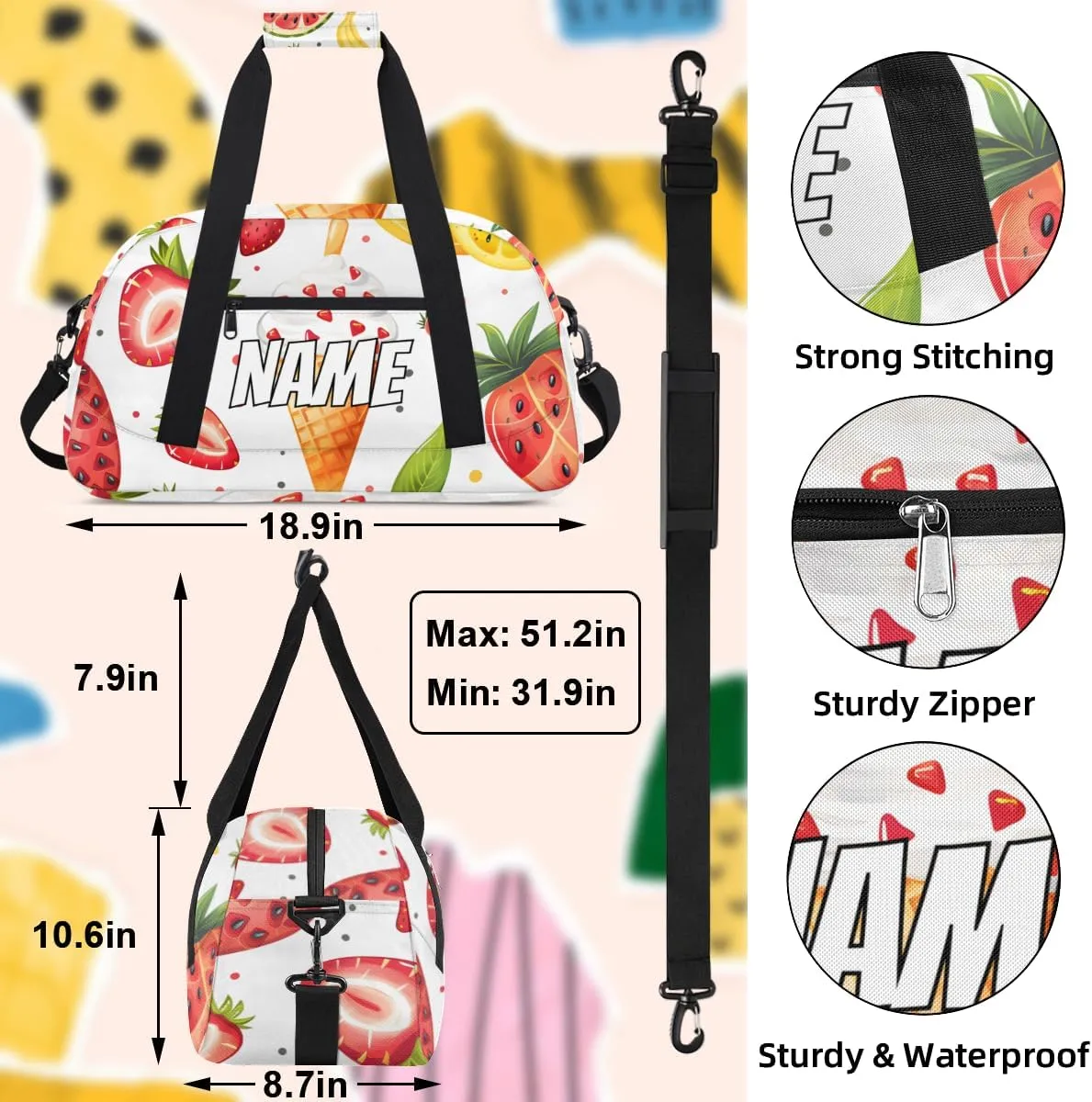 Personalized Custom Gym Bag for Women Men Carry on Various Fruits Travel Duffel Tote Sweet Summer Overnight Workout Weekender Bag