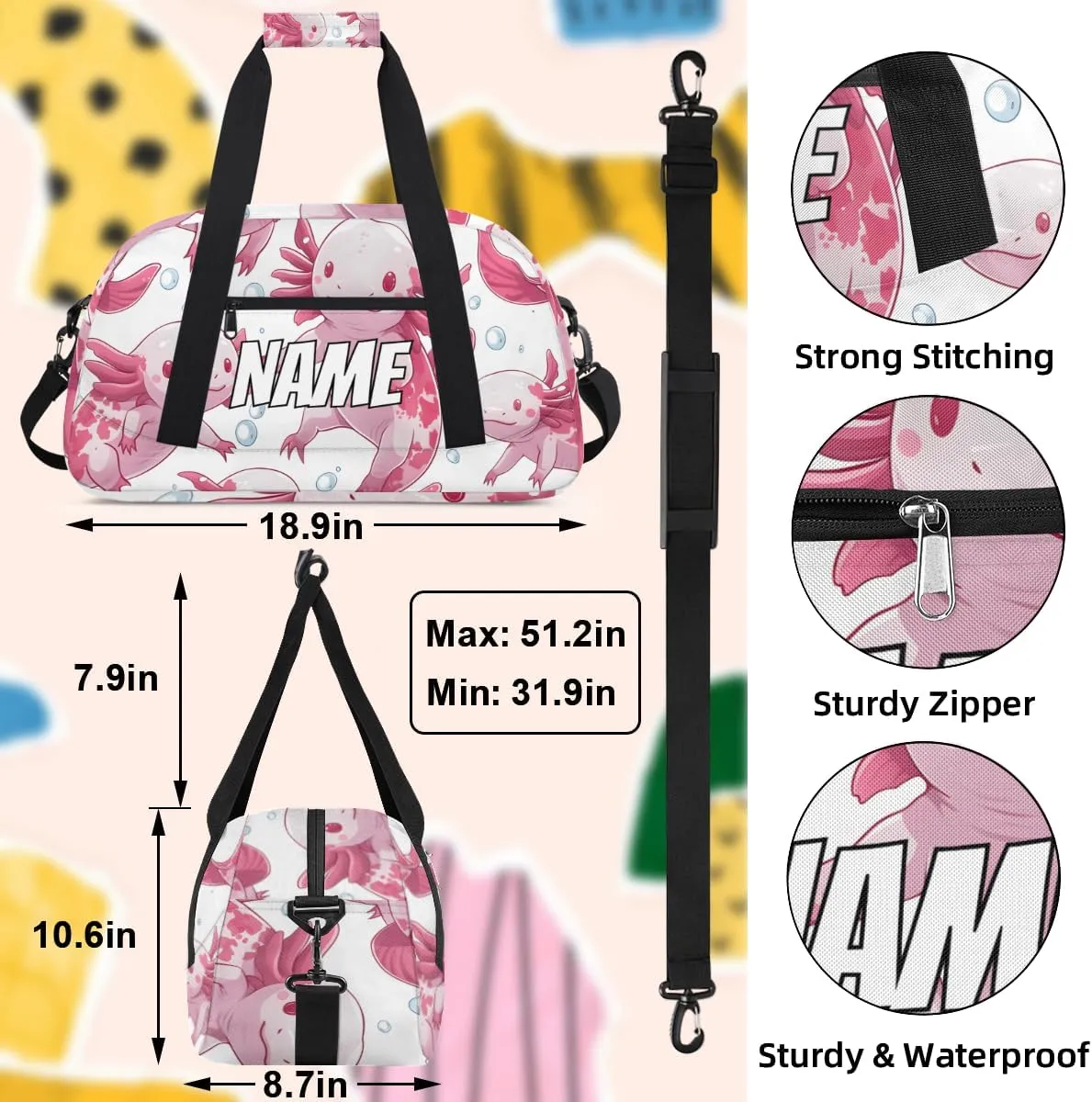 Personalized Custom Gym Bag for Women Men Carry on Watercolor Axolotl Travel Duffel Tote Cute Salamander Overnight Workout Weekender Bag