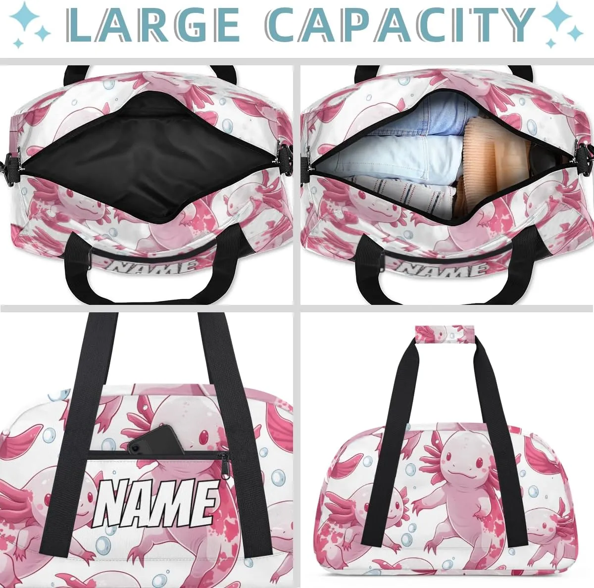 Personalized Custom Gym Bag for Women Men Carry on Watercolor Axolotl Travel Duffel Tote Cute Salamander Overnight Workout Weekender Bag