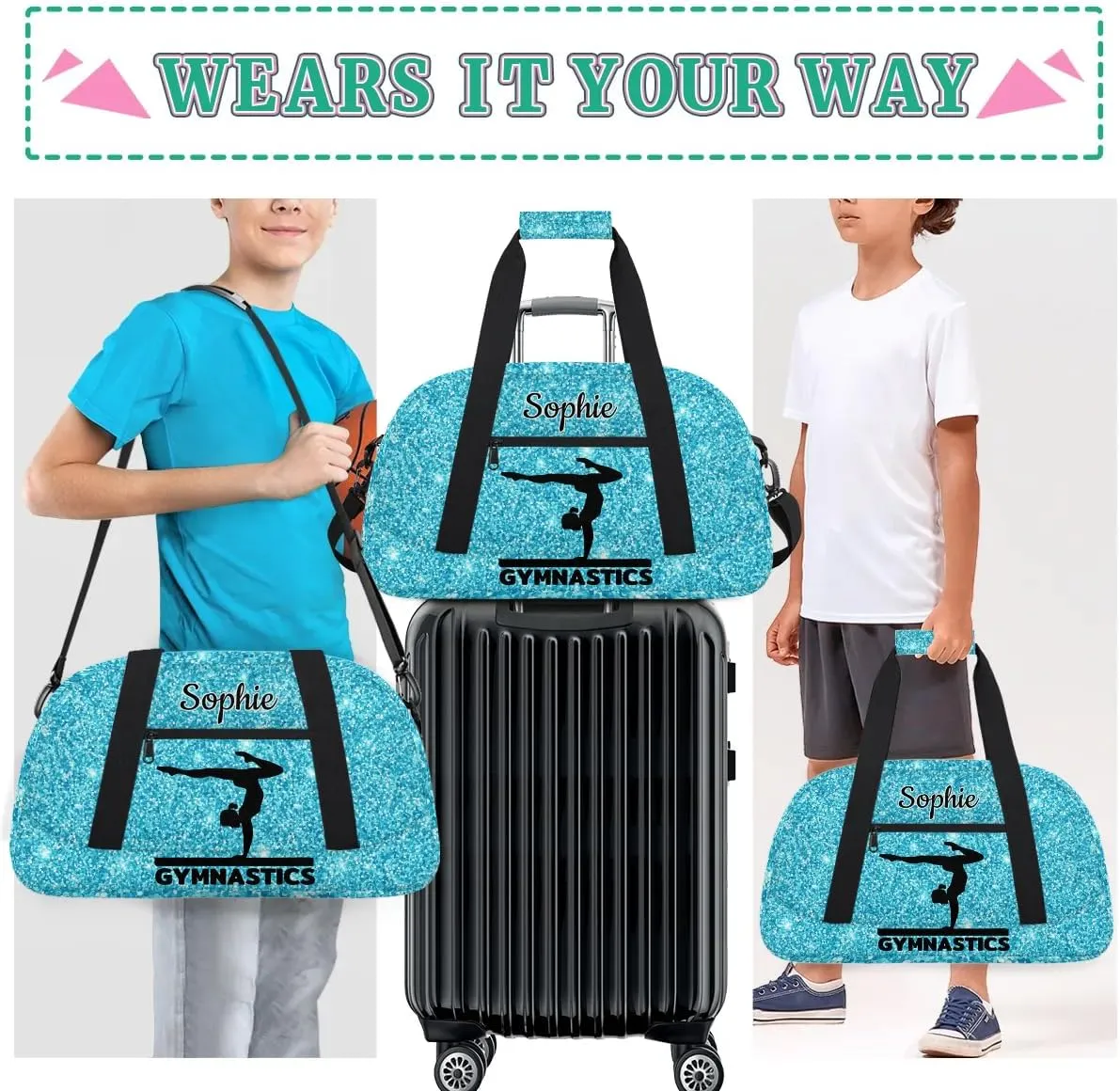 Personalized Dance Bag Gym Bags with Name Custom Sport Duffel Bag Gymnastic Training Bags Weekender Bags Travel Duffel Bag, Glitter Light Blue