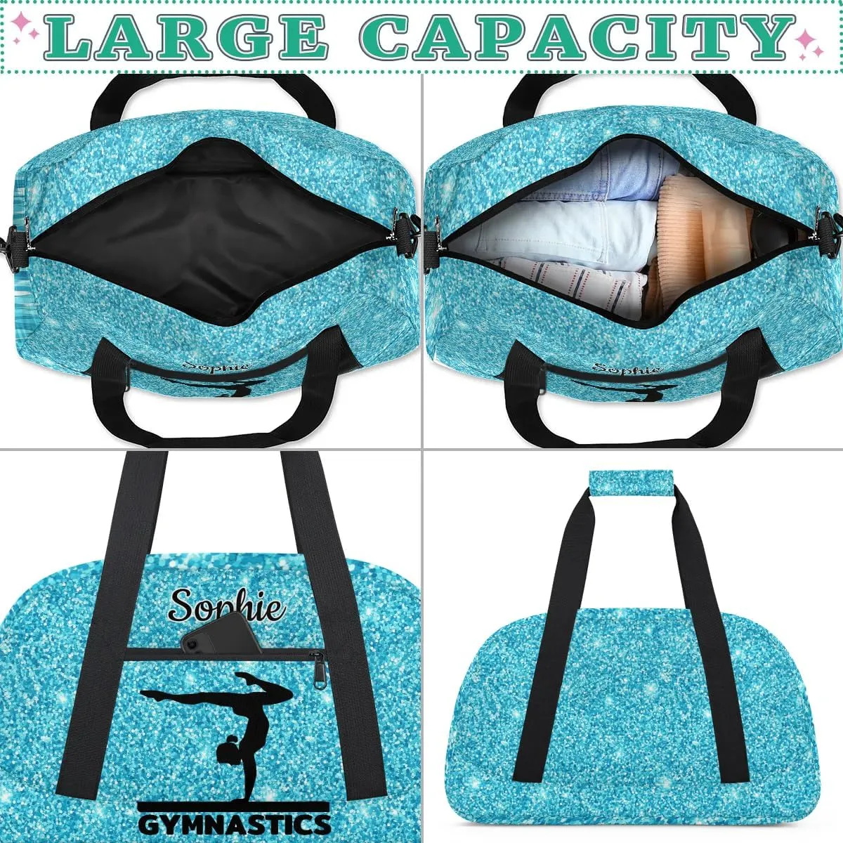 Personalized Dance Bag Gym Bags with Name Custom Sport Duffel Bag Gymnastic Training Bags Weekender Bags Travel Duffel Bag, Glitter Light Blue