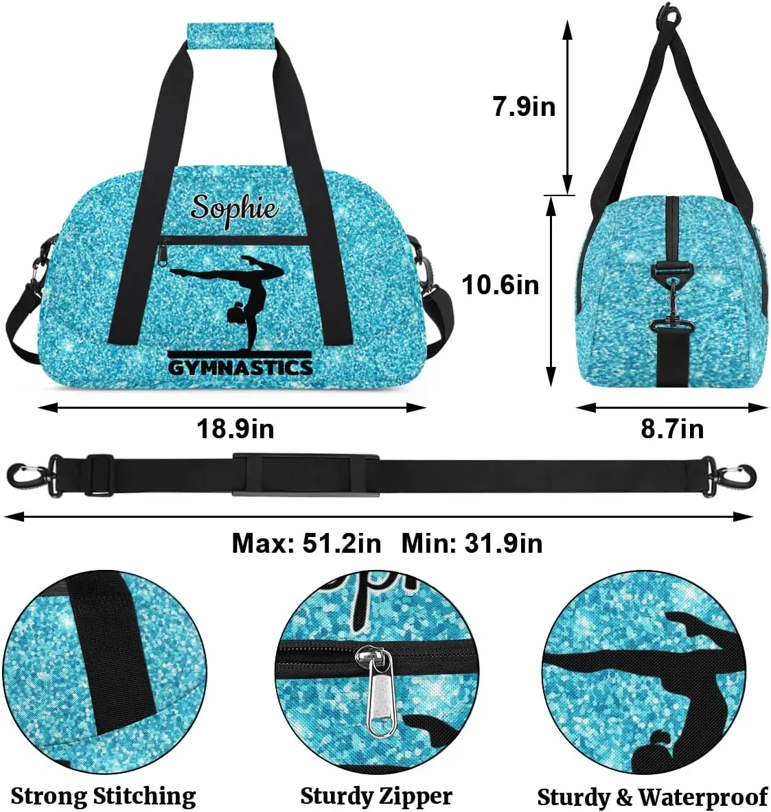Personalized Dance Bag Gym Bags with Name Custom Sport Duffel Bag Gymnastic Training Bags Weekender Bags Travel Duffel Bag, Glitter Light Blue