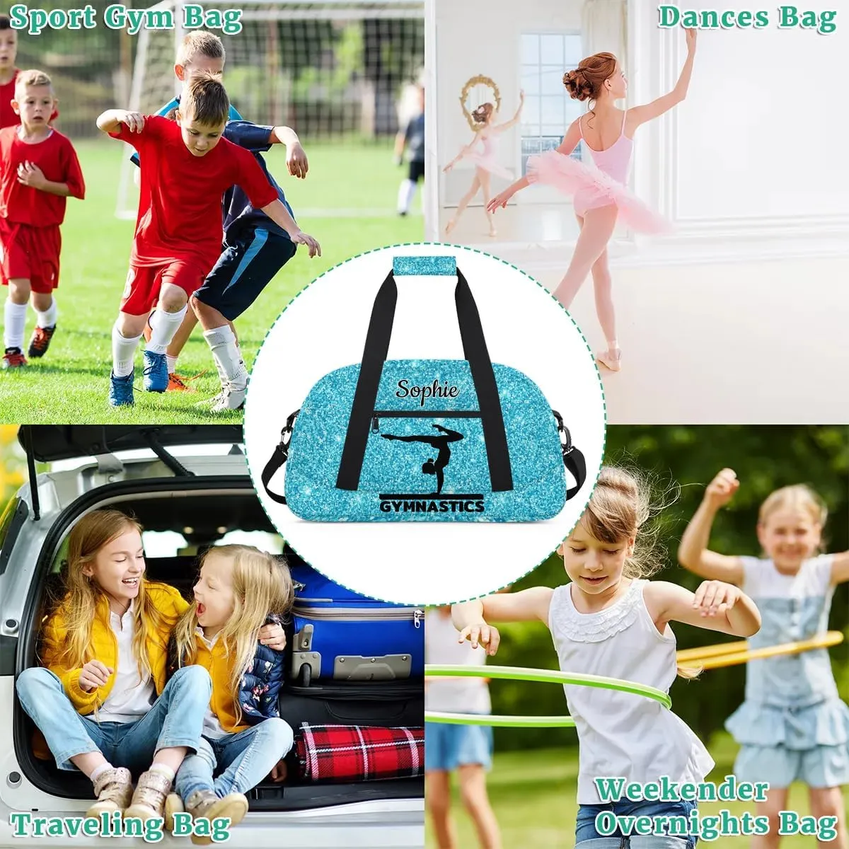 Personalized Dance Bag Gym Bags with Name Custom Sport Duffel Bag Gymnastic Training Bags Weekender Bags Travel Duffel Bag, Glitter Light Blue